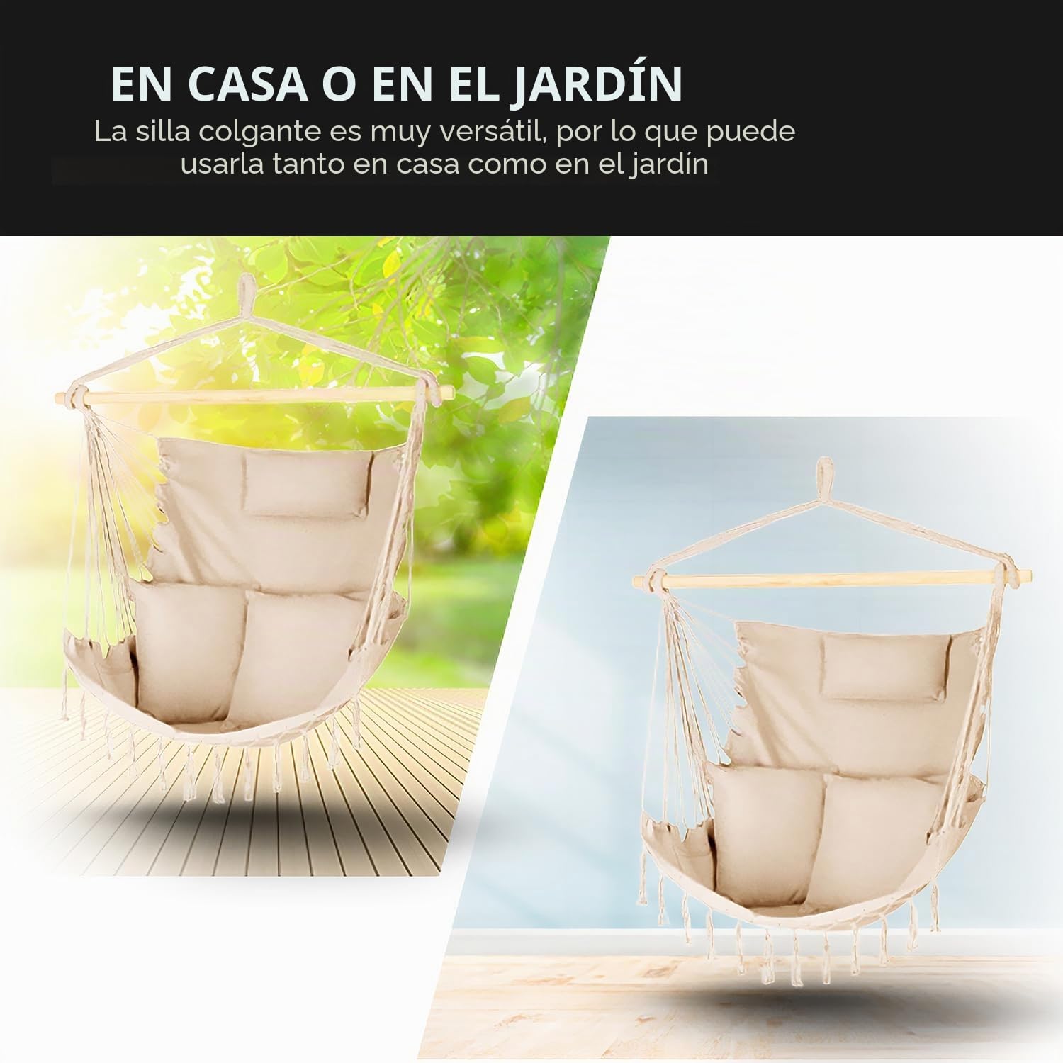Silla Colgante 100x130x75cm - hasta 150 kg - Sillón Exterior con Cojín - puf para Columpio Colgante para Jardín y Habitación - Boho - Silla Brasileña con Flecos (Beige)