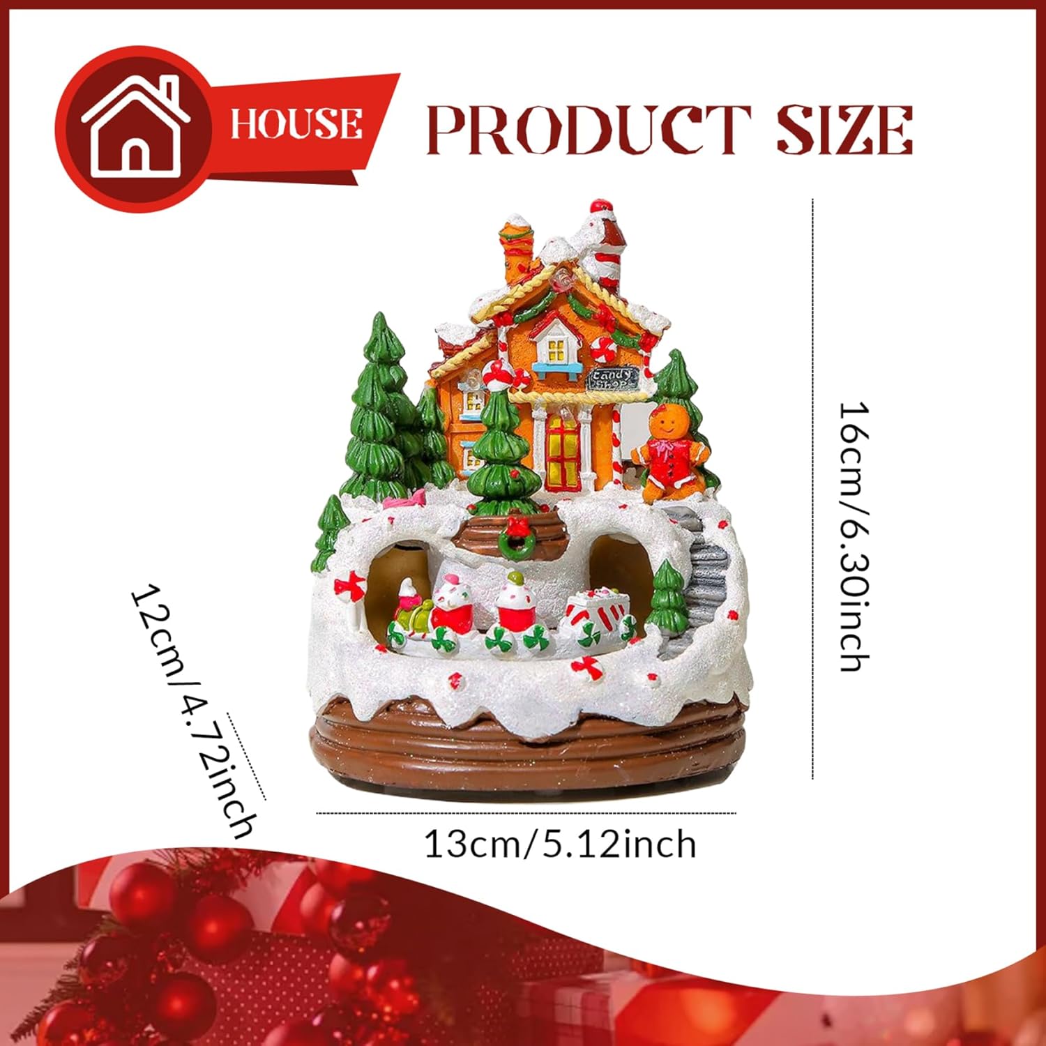Christmas Music Box Light-Up Snowhouse, Music Box with Rotating Train Tree Gingerbread, Battery/USB Powered Resin Decor