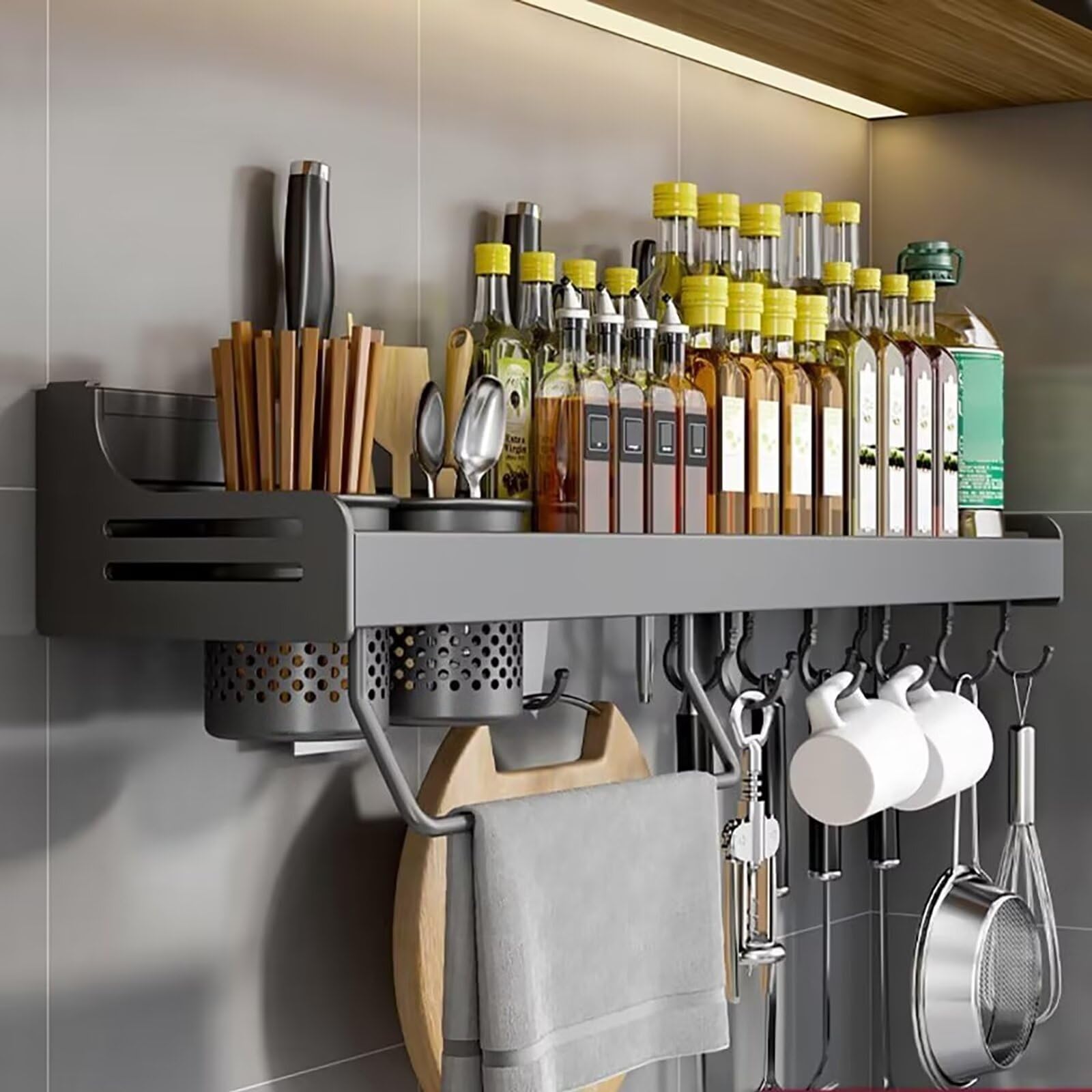 Aserzenith Black Spice Rack - Wall Mounted Holder For Kitchen Utensils,-70Cm