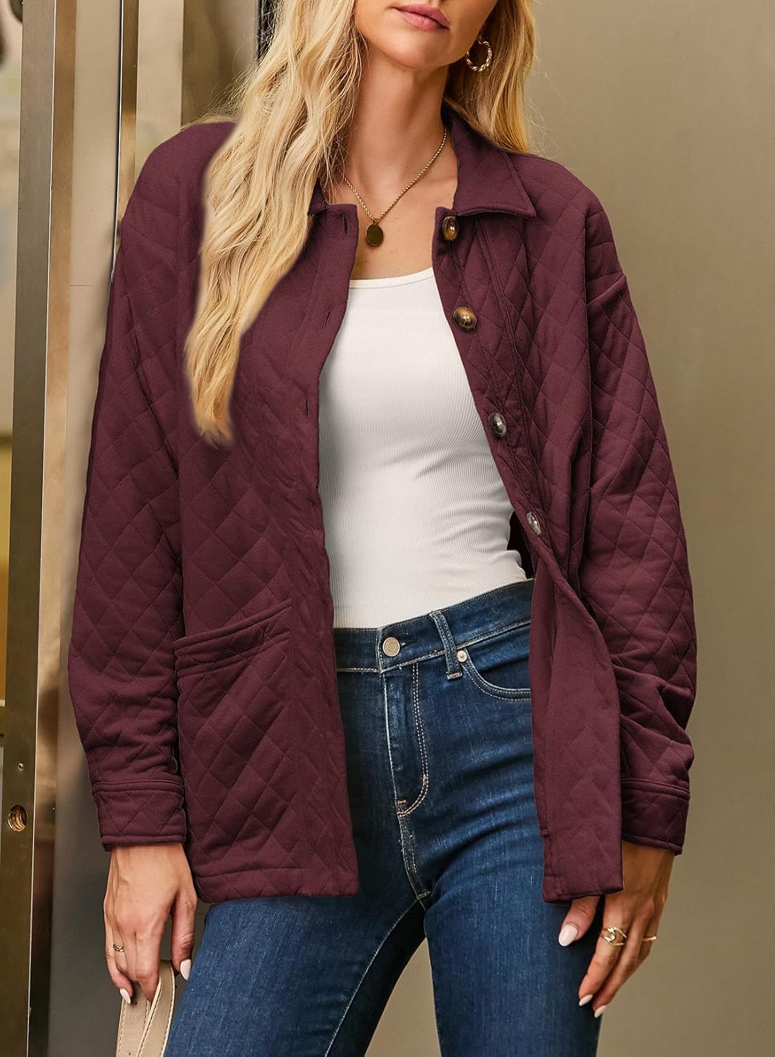 Dokotoo Casual Quilted Jackets for Women Button Down Collared Long Sleeve Coats with Pockets - Image 3