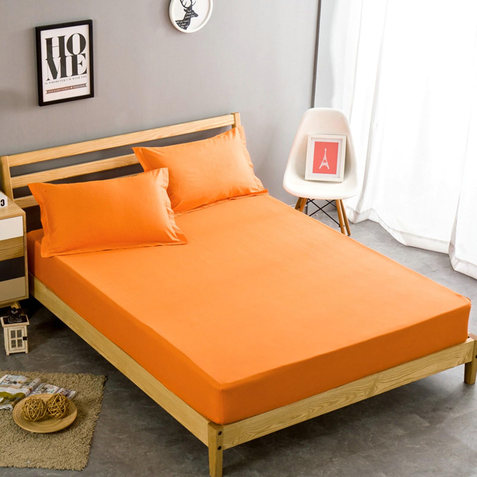Drap Housse 120x200 cm Coton, Drap-Housse Couleur Uni Drap de Lit Doux, Résistant, Anti Plis, Orange