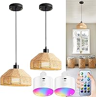 Vista 1 de Lámpara colgante a pilas con control remoto, lámpara colgante de batería, lámpara tejida de ratán sin necesidad de cableado, bombilla recargable