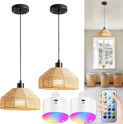 Lámpara colgante a pilas con control remoto, lámpara colgante de batería, lámpara tejida de ratán sin necesidad de cableado, bombilla recargable de