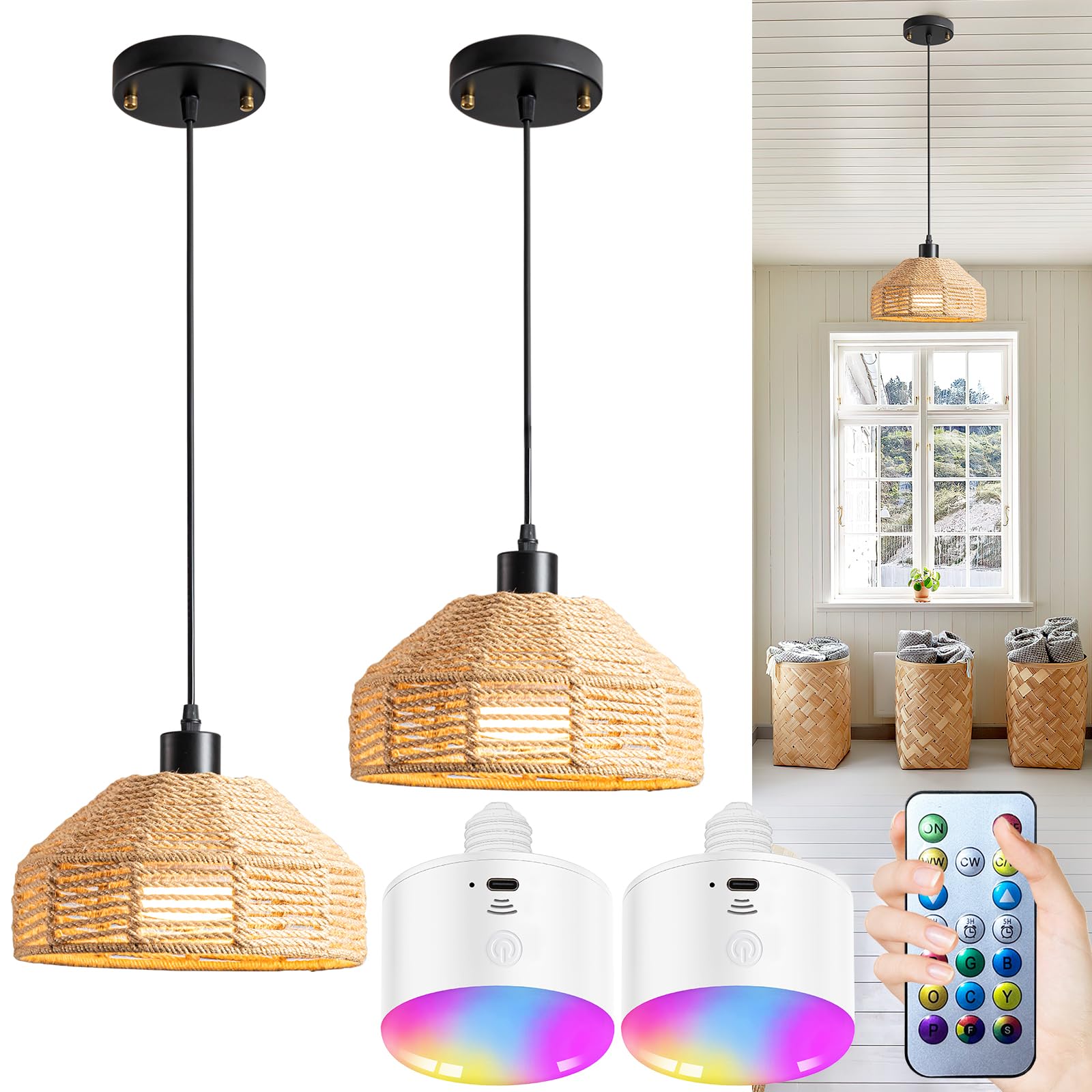 civaza Battery Operated Pendant Light with Remote, Rattan Woven Chandelier No Wiring Needed, Rechargeable Light Bulb 50+ Hours