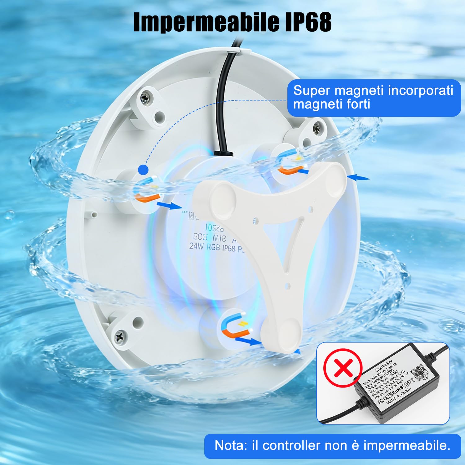 COOLWEST Luci Piscina LED 24W Fuori Terra, RGB Illuminazione a LED con Magnete, Luce Piscina a Immersione Subacquee con Controllo APP, IP68 Impermeabile per Piscines à Parois en Acier, 7m Cavo, 12V