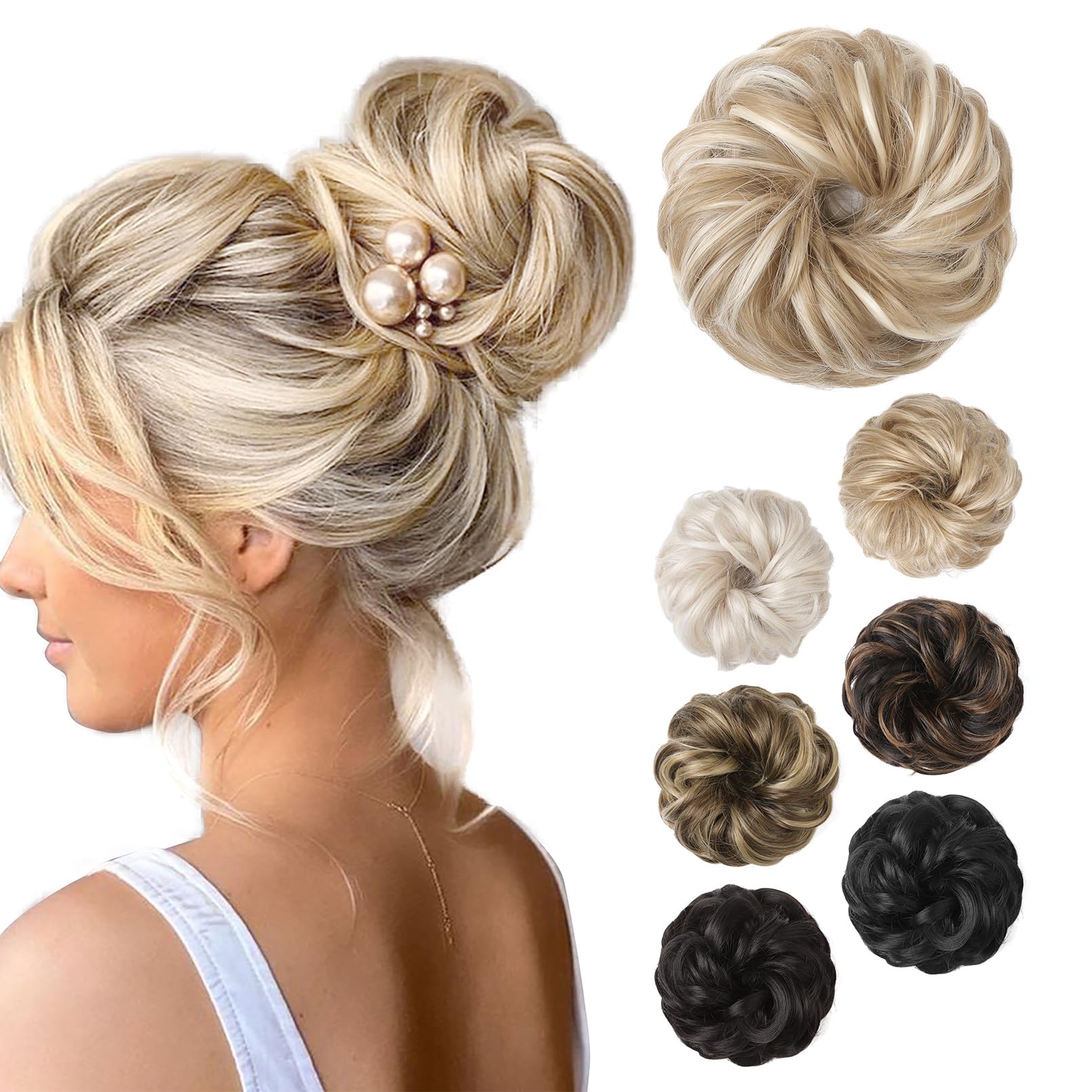 REECHO Messy Bun Hair Piece - Thick Tousled Updo Elastic Hair Bun with Highlights, Ash Blonde with Highlights