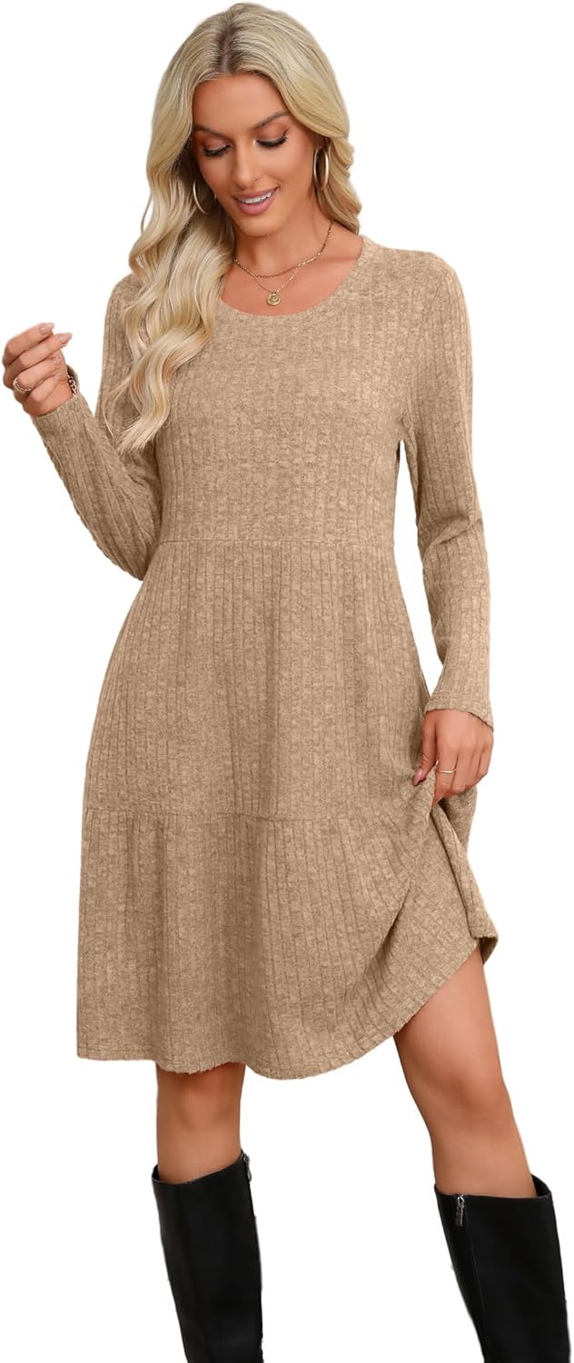 AYIFU Women's Long Sleeve Sweater Dress Crew Neck Empire Waist Tunic Dress Casual Winter Fall Dress with Pockets - Image 2