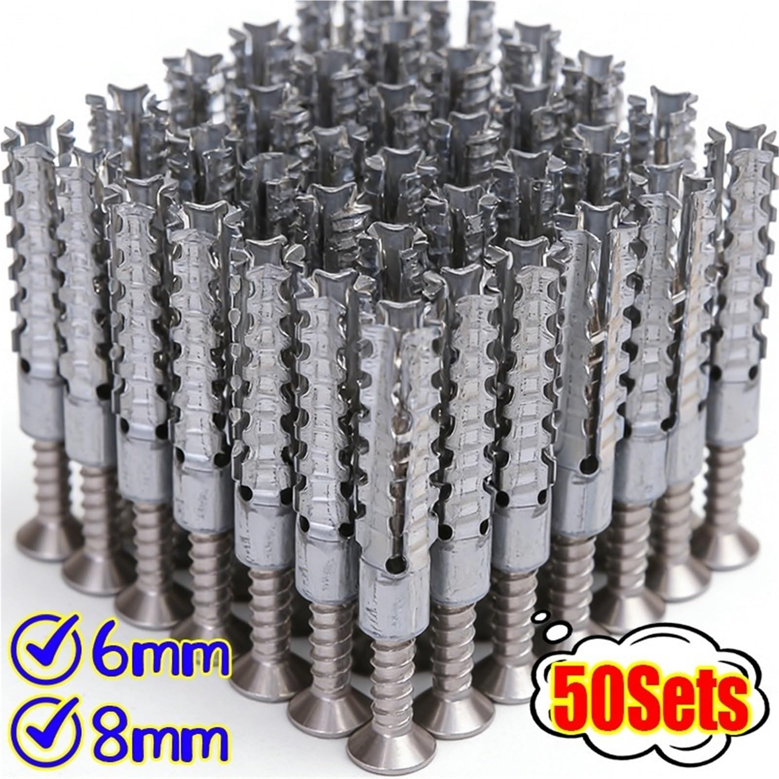 Dübel 10mm Gezahnte Expansionsschrauben aus Kohlenstoffstahl, selbstschneidende Schraubenrohre, Wandanker, Betonbefestigungen(A- 8mm,50 Sets)