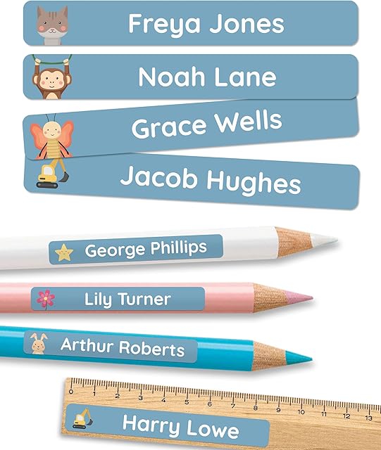 melu kids® Personalised Name Stickers for School & Kindergarten (75 Pieces) - Stick on Name Labels for Pencils and Other School Supplies - Washable in Dishwasher (Blue)