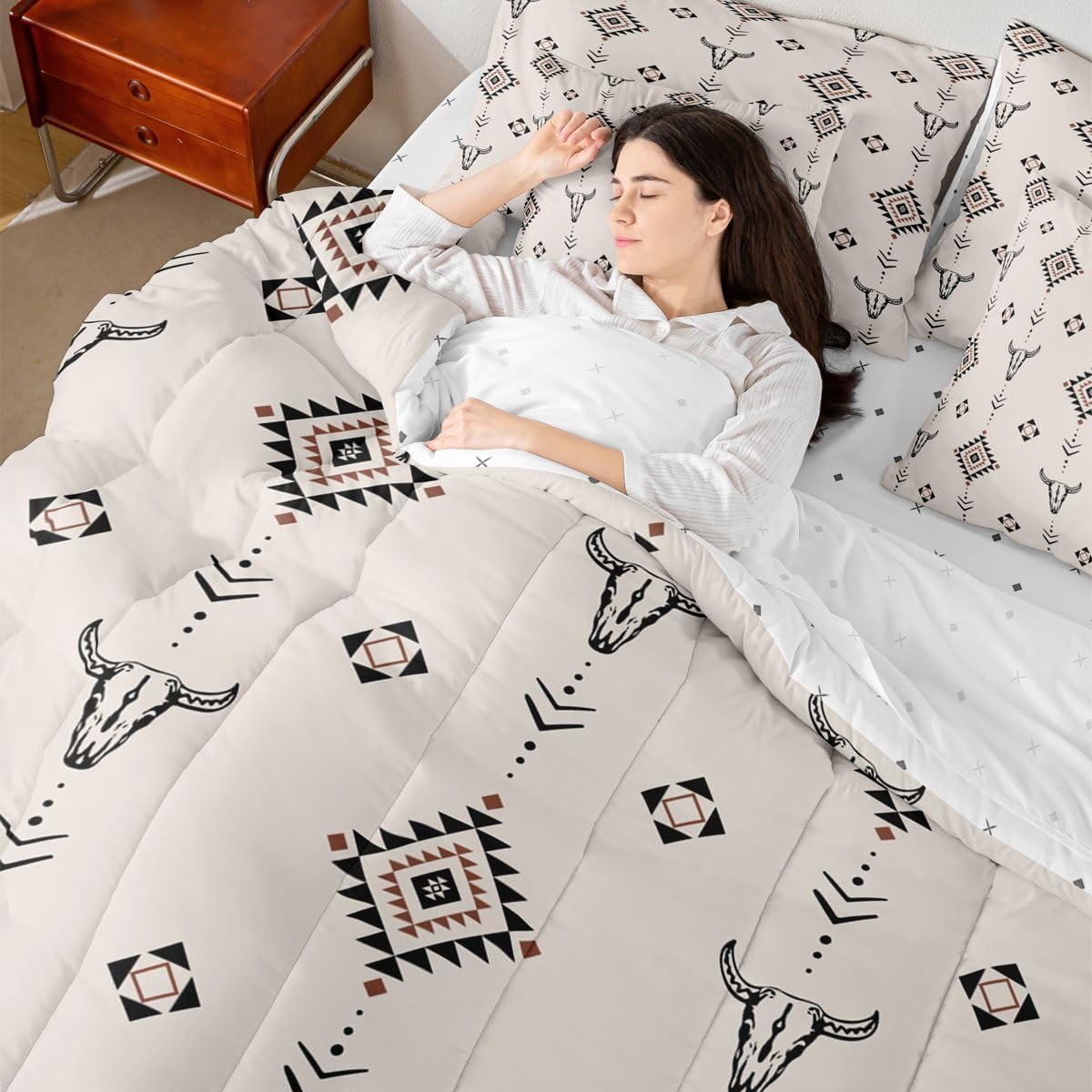 Erosebridal Western Aztec Comforter Set Twin Size - 7 Pieces, Boho Farmhouse Bedding Set Ethnic Southwest Bull Skull Cow Bed in A Bag King with Sheets American Native Exotic Comforters, Pillowcases - Image 7