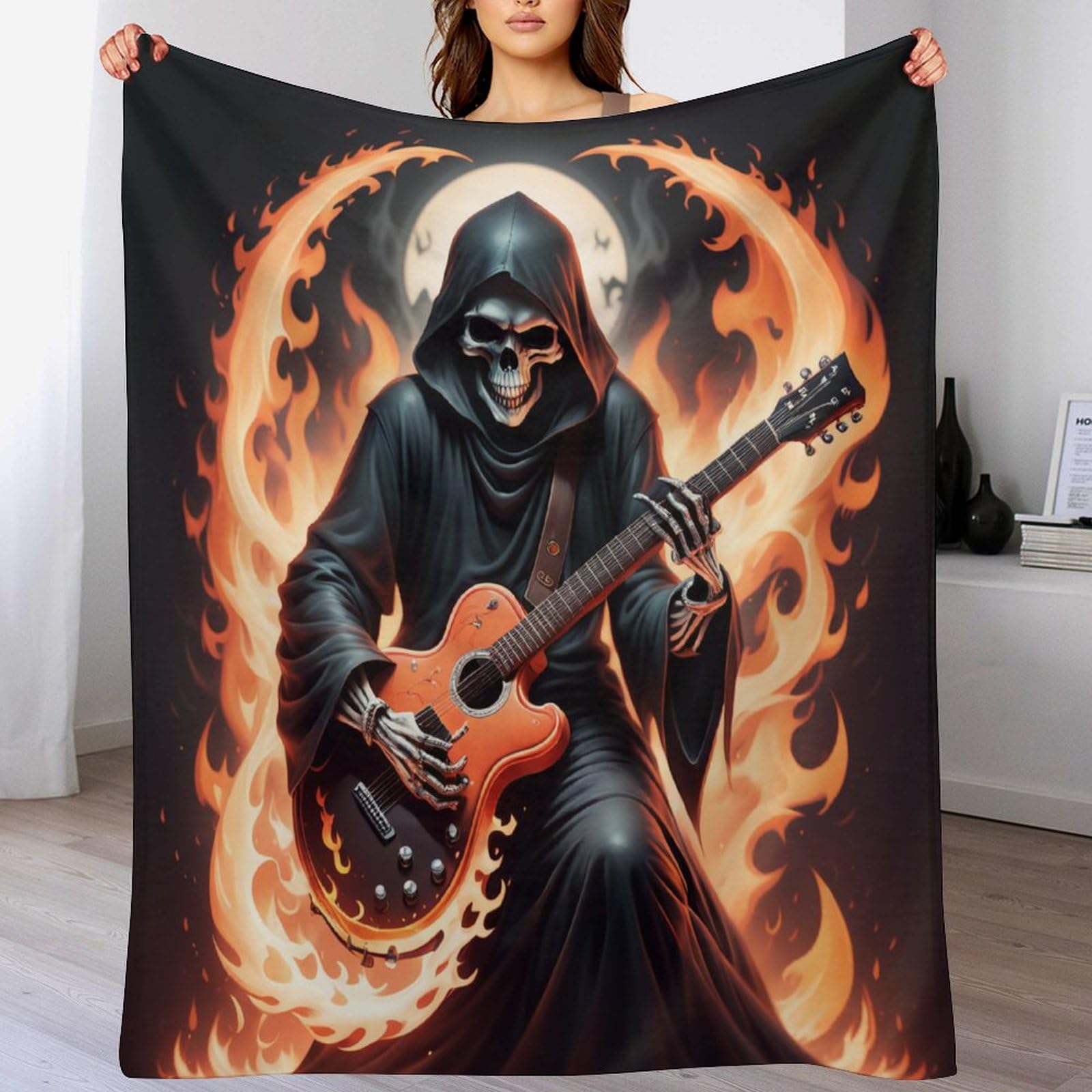 Couverture Squelette Guitare Flanelle anti-froid grand plaid 180x200 doux pour literie