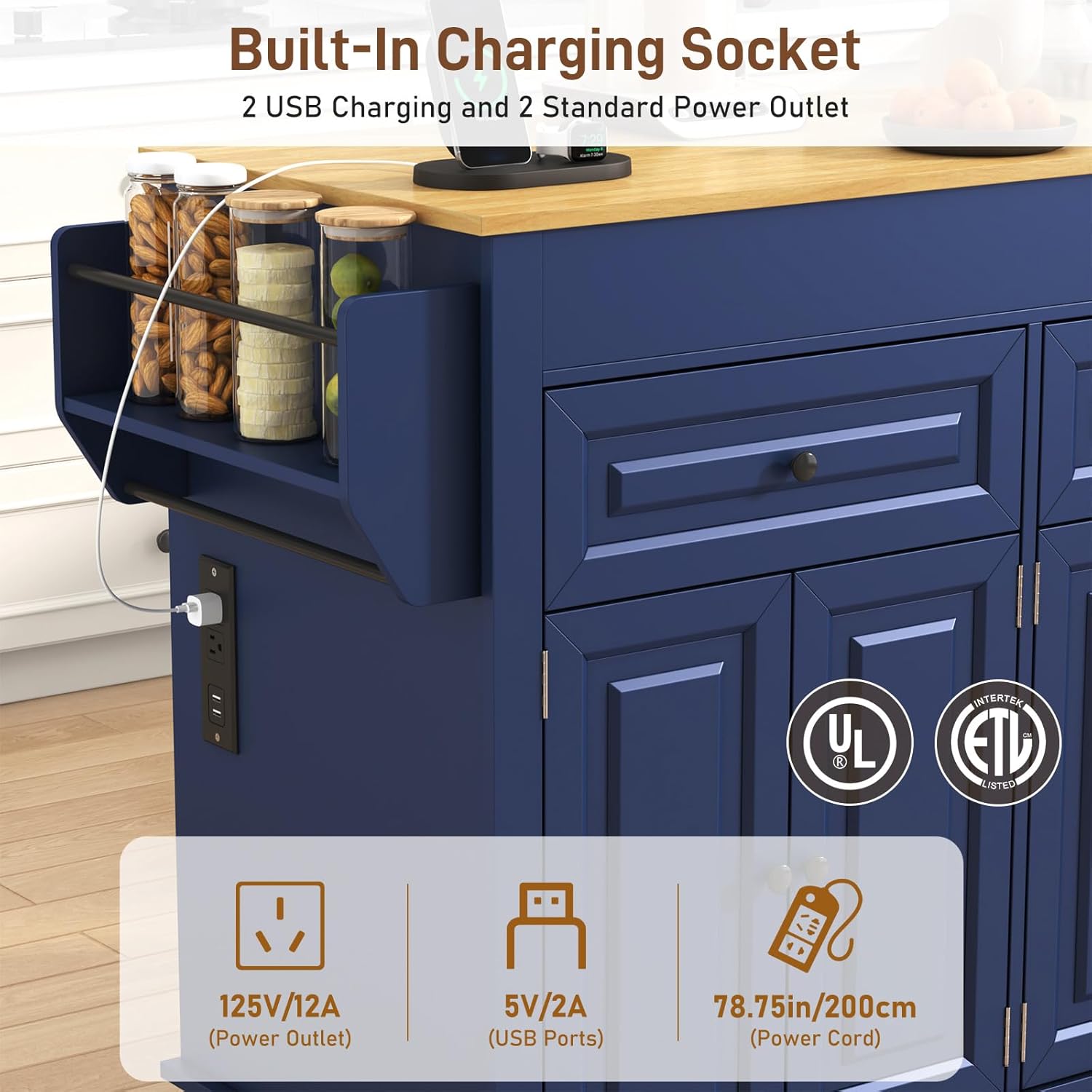 80"-48" Extendable Kitchen Island with Extended Dining Table and Power Outlet,Large Mobile Kitchen Storage Islands with 2 Storage Drawers,Rolling Islands Cart with 3 Extra Rows Open Shelves(Blue)