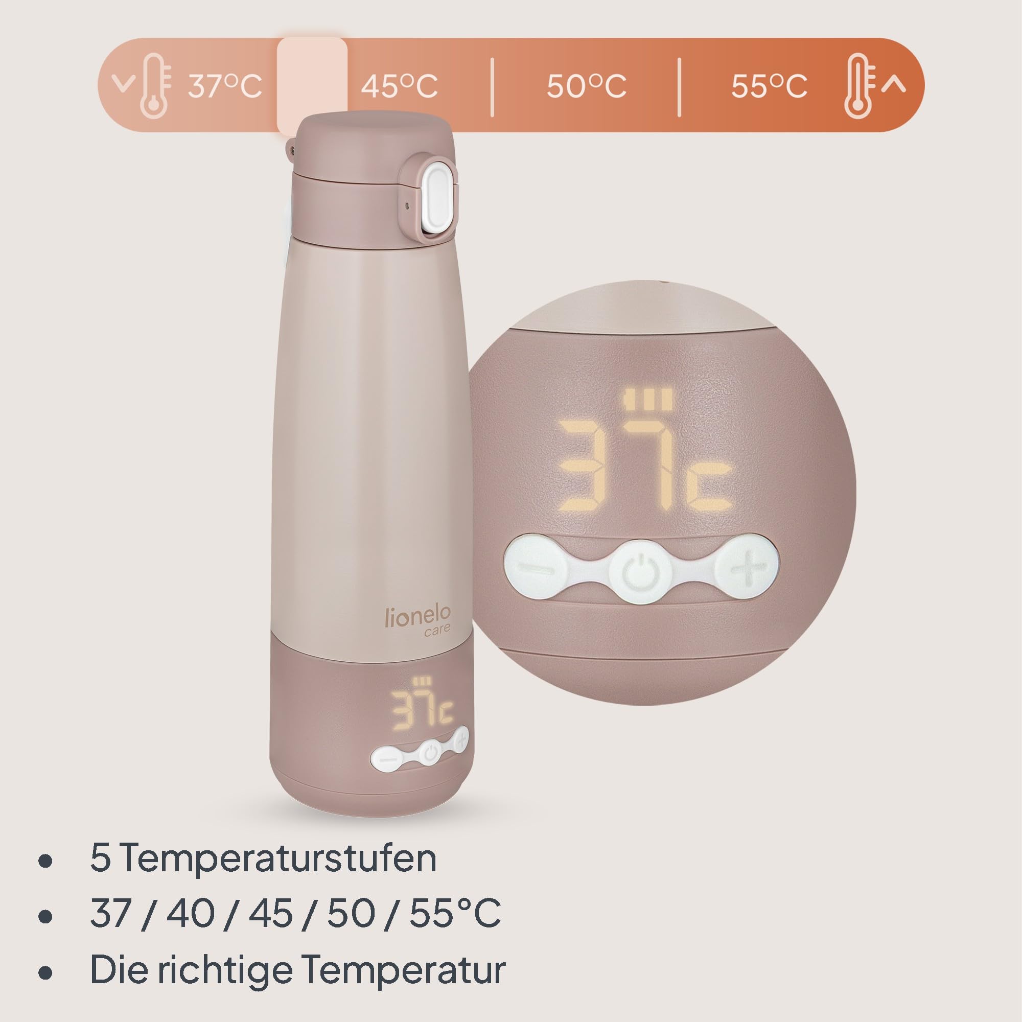 Lionelo Thermup Bottle tragbarer Babyflaschenwärmer für unterwegs, kabellos, Thermosflasche mit Heizfunktion, erwärmt Milch oder Wasser in 3,5 Min., 37–55 °C, Warmhalten bis 20 h, Edelstahl SUS316