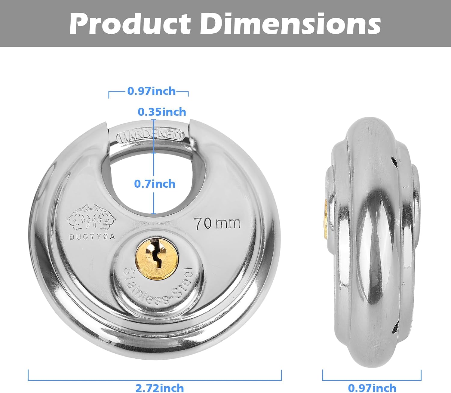 Keyed Alike Padlock, 2-3/4 Inch Wide, Heavy Duty Stainless Steel Outdoor Disc Lock with Key for Storage Unit, Garages, Fence and Sheds, 10 Pack