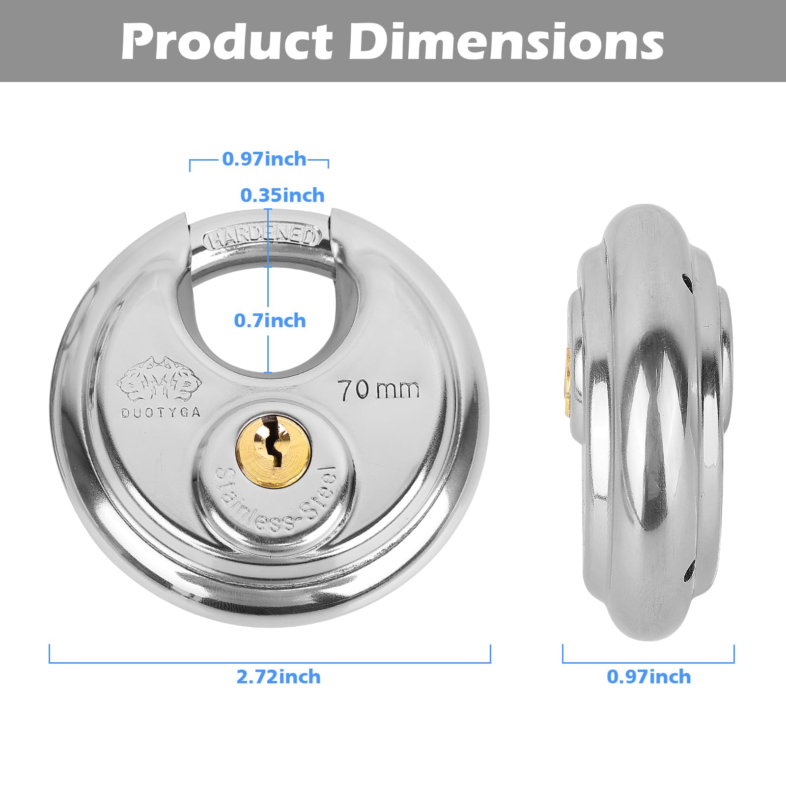 Candado de disco con llave igual, 2-3/4 pulgadas de ancho, cerradura de disco de acero inoxidable resistente para exteriores con llave para unidad de almacenamiento, garajes, vallas y