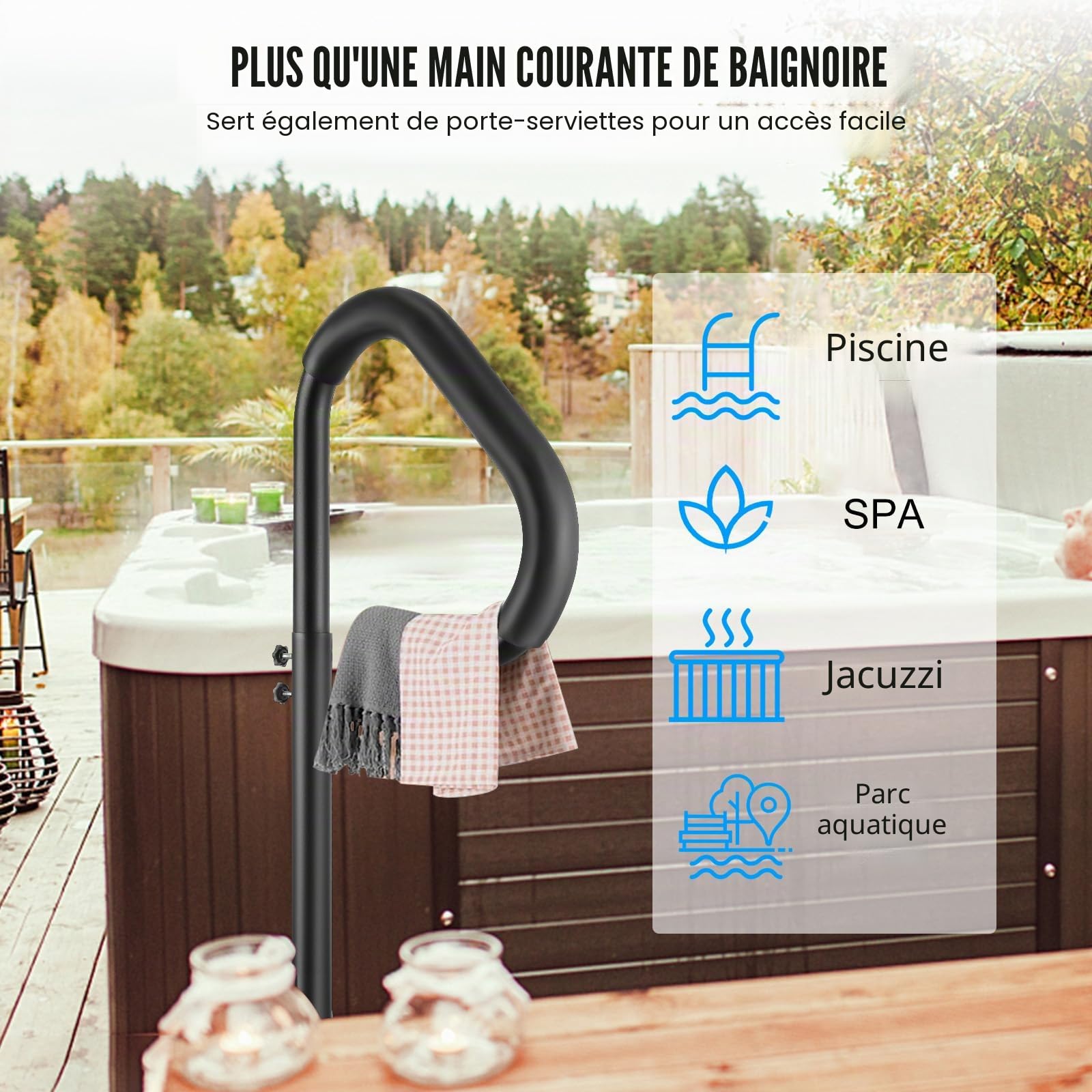 VEVOR Main Courante Spa 54,2x37x144,7 cm Rampe Escalier Sécurité Spa Rotative 360° Hauteur Réglable 89-144,7 cm Charge 272 kg Antirouille Aluminium Base de Montage Coulissante pour Intérieur Extérieur