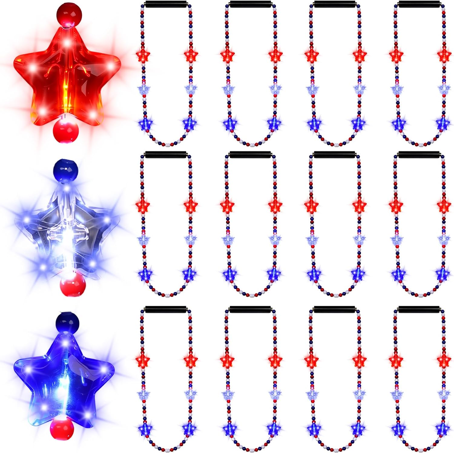 12 Pcs 4th of July Light up Beaded Necklaces 250th Anniversary Patriotic Star Necklace Red White Blue Star Accessories for Memorial Day Independence Day Party Favor Parade