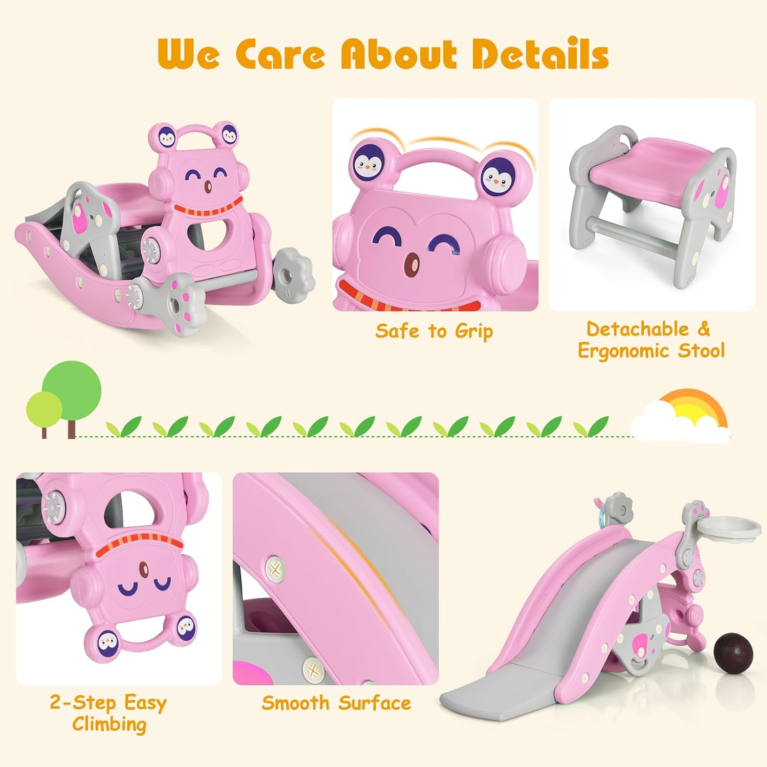 Costzon 5 in 1 Toddler Slide Rocking Toy, Slide for Kids with Detachable Stool, Basketball Hoop and Ring Game, Foldable Climber Playground Slide for Both Indoors Outdoor Use (Pink Penguin)