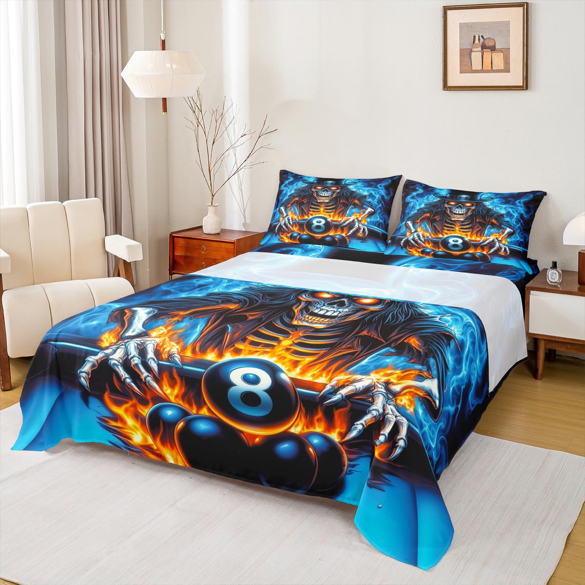 Homewish Zestaw pościeli z czaszką z cukrową czaszką podwójne w stylu science fiction gotyckie prześcieradła fajny basen 8 piłek pościelowych - kule bilardowe gotyckie prześcieradła zestaw 4 szt