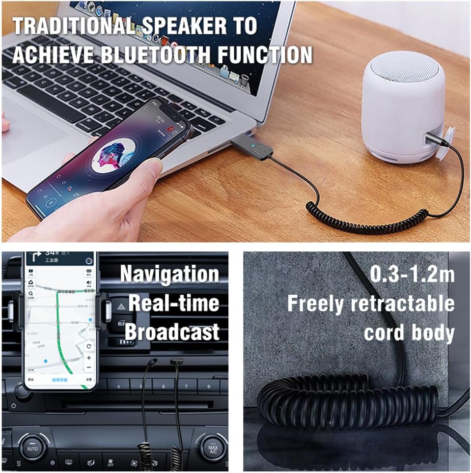 Aux Bluetooth Adapter 5.3 with Built-in Microphone Bluetooth Receiver USB-3.5mm Wireless Car Kit Auxiliary Incoming Hands-Free Calls Compatible with Car Speaker and Home Audio(T07)