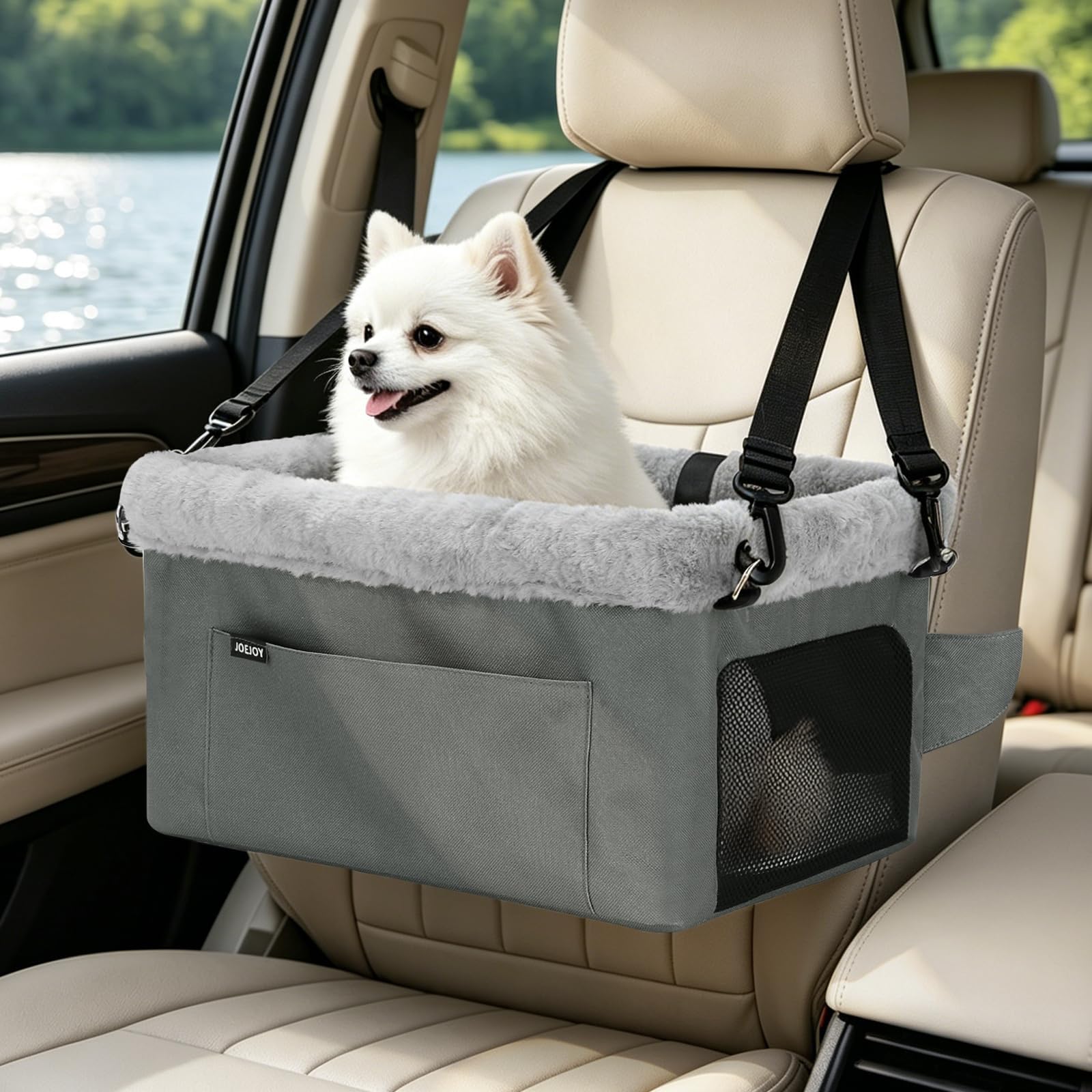 Deluxe Dog Booster Seat with Sturdy Metal Frame and Safety Leash for Small Pets up to 20 lbs - Portable Puppy Dog Car Seat with Thick Cushion and Storage Pockets for Small Dogs