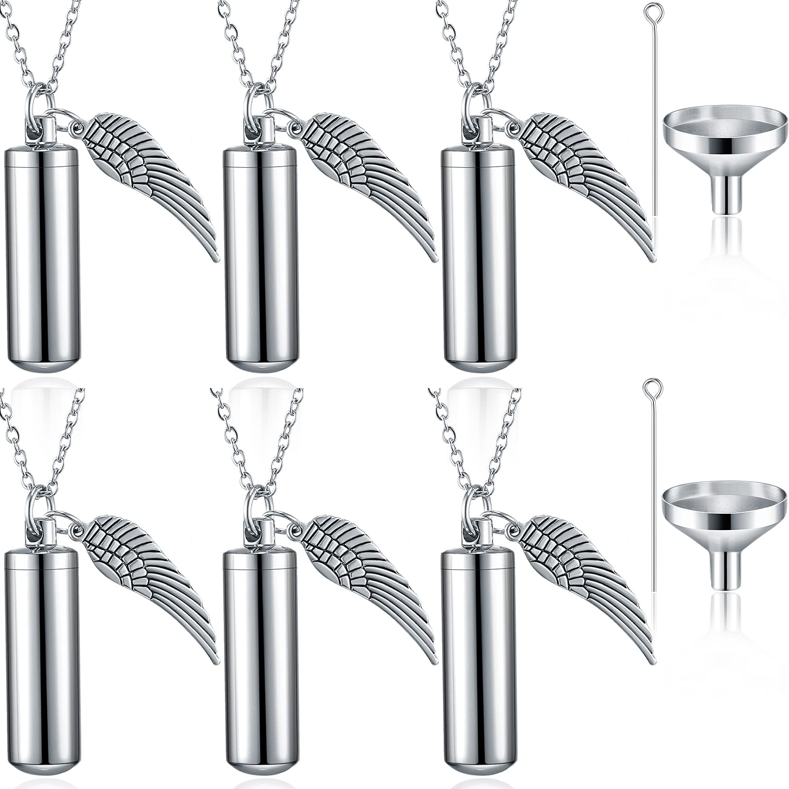 MTLEEUrn Necklace for Ashes Cremation Jewelry for Ashes, 6 Pieces Stainless Steel Cremation Jewelry for Women Men, Memorial Necklace Angel Keepsake Cylinder Pendant with Filling Kit
