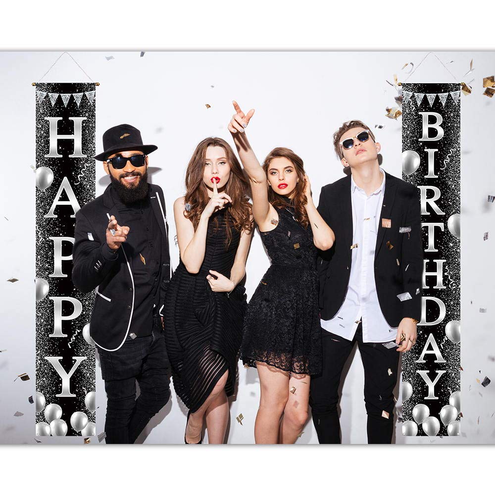 Photo 1 of NON REFUNDABLE BUNDLE OF 2, Funnytree Happy Birthday Porch Sign Black and Silver Bday Party Front Porch Banner Glitter Backdrop Lawn Decor Wall Hanging Flag Outdoor Indoor Photobooth Prop Windproof Events Supplies Polyester 2PCS
