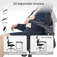 Vista 6 de Silla de oficina ergonómica con reposabrazos abatibles, soporte lumbar ajustable, silla de computadora con respaldo de malla transpirable, sillas
