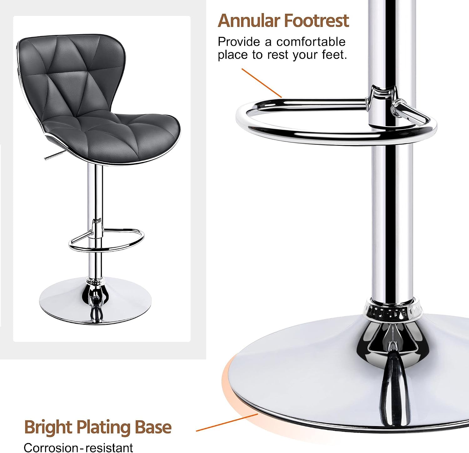 Topeakmart 2pcs Home Kitchen Bar Stools Fashionable Height Adjustable PU Leather Swivel Bar Chair with Shell Back, Grey