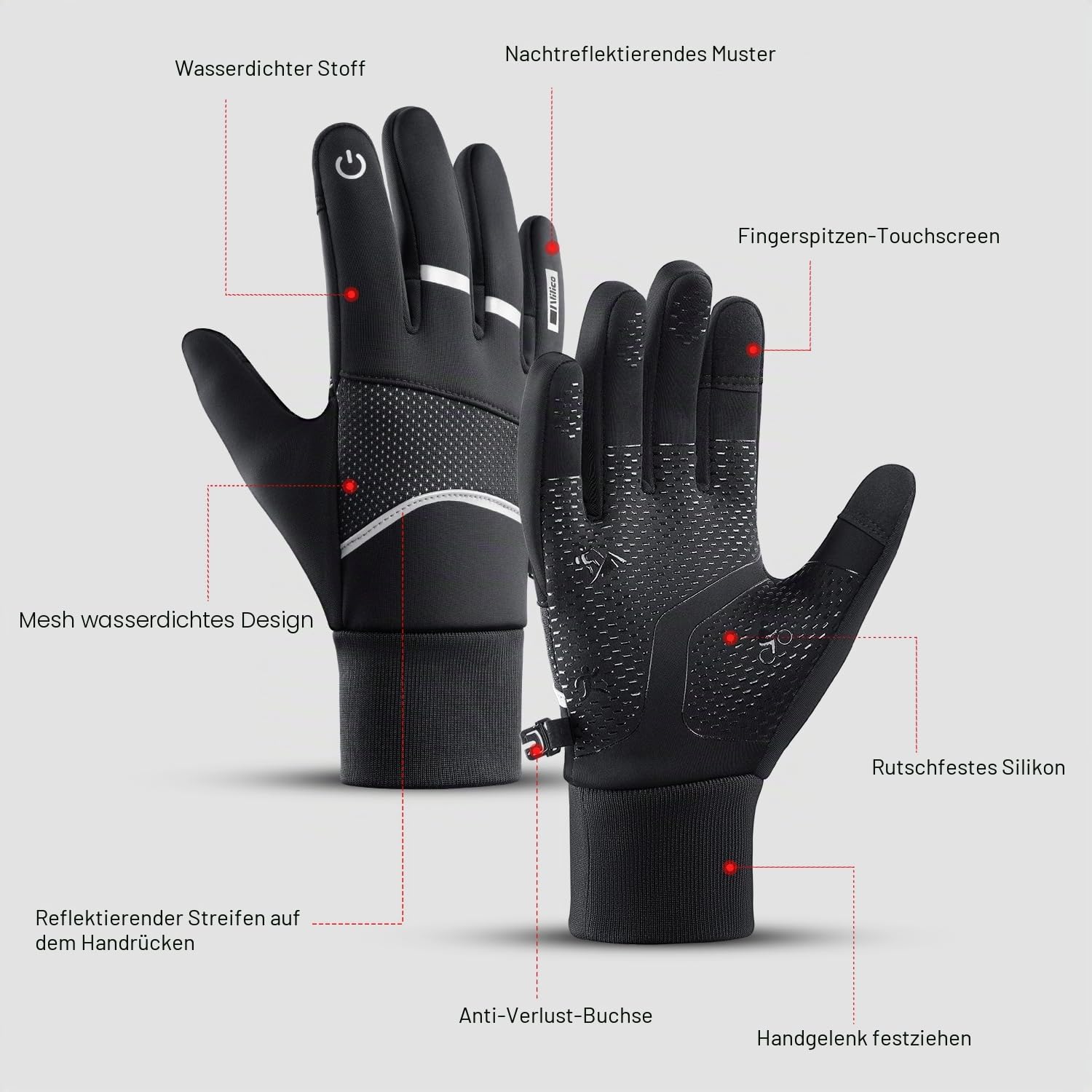 Vilico Fahrradhandschuhe, Winter, Herren, Damen, spritzwassergeschützt, Touchscreen-Handschuhe, rutschfest, Winddicht, für Radfahren, Laufen und Skifahren