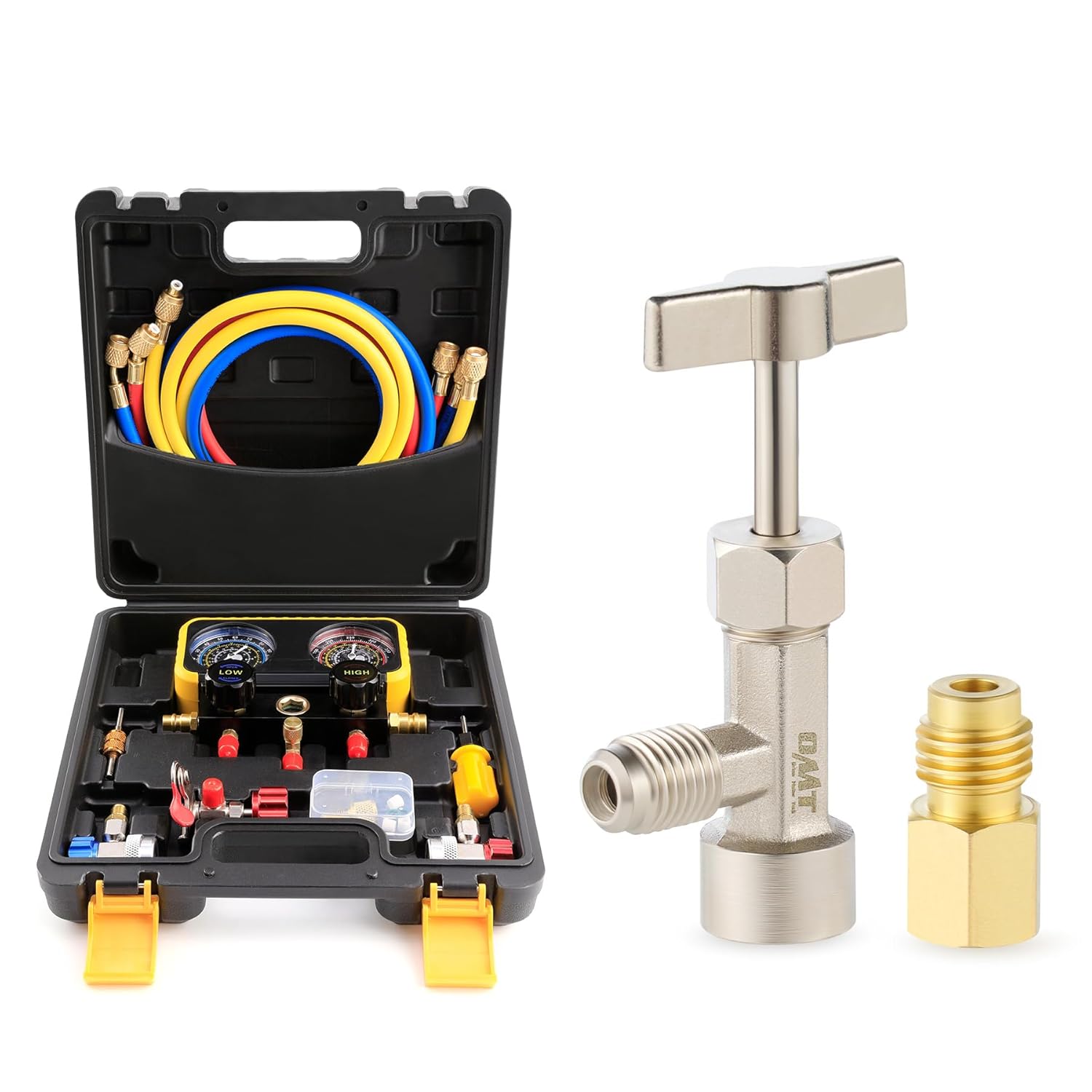 Orion Motor Tech AC Manifold Gauge Set for R134a R12 R22 R502 Refrigerants, with 5' Hose, Tank AC Adapters, Adjustable Couplers, Can Tap and R134a Self Sealing Can Tap, Bundle