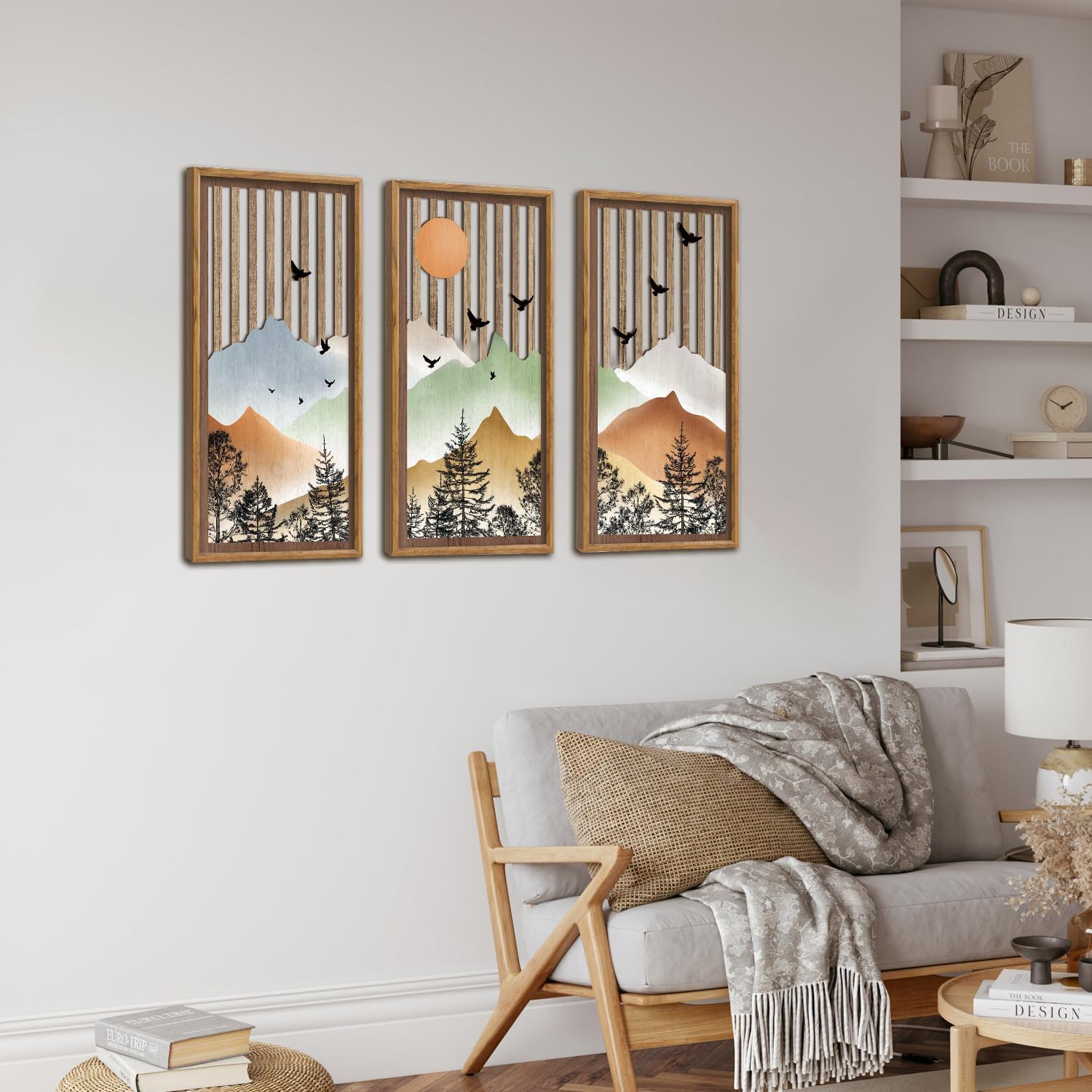 Celestdeco Berglandschaft Voegel Sonne Minimal Wandbild Natur 20x40cmx3
