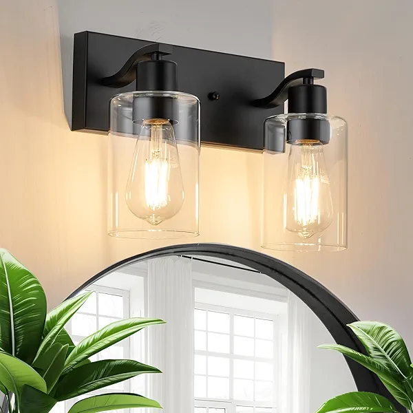 AMRUIPO 2 Lights Bathroom Light Fixtures Black Vanity Light with Clear Glass Shade 13in Modern Bathroom Lighting Fixtures Over Mirror for Bedroom/Living Room