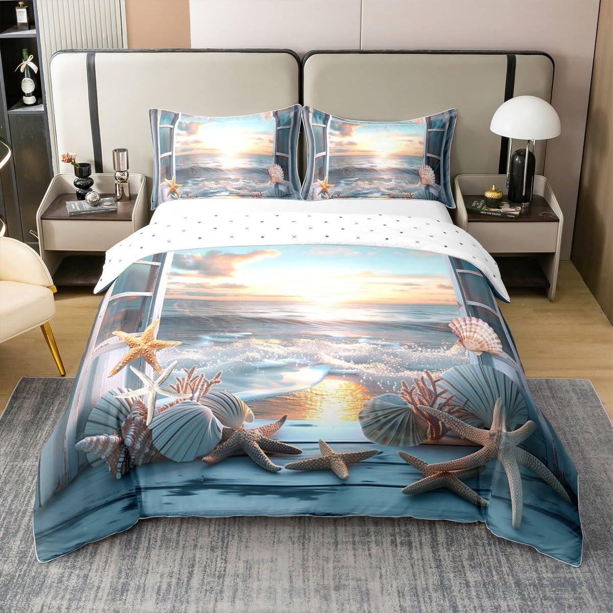Coton Housse de Couette Océan Parure de Lit 240 x 260 Nuages Coucher de Soleil Vague Couvre Lit pour Amants Garçons Fenêtre en Bois Étoile de Mer Coquille Vie Marine Literie 2 Taies d'oreiller
