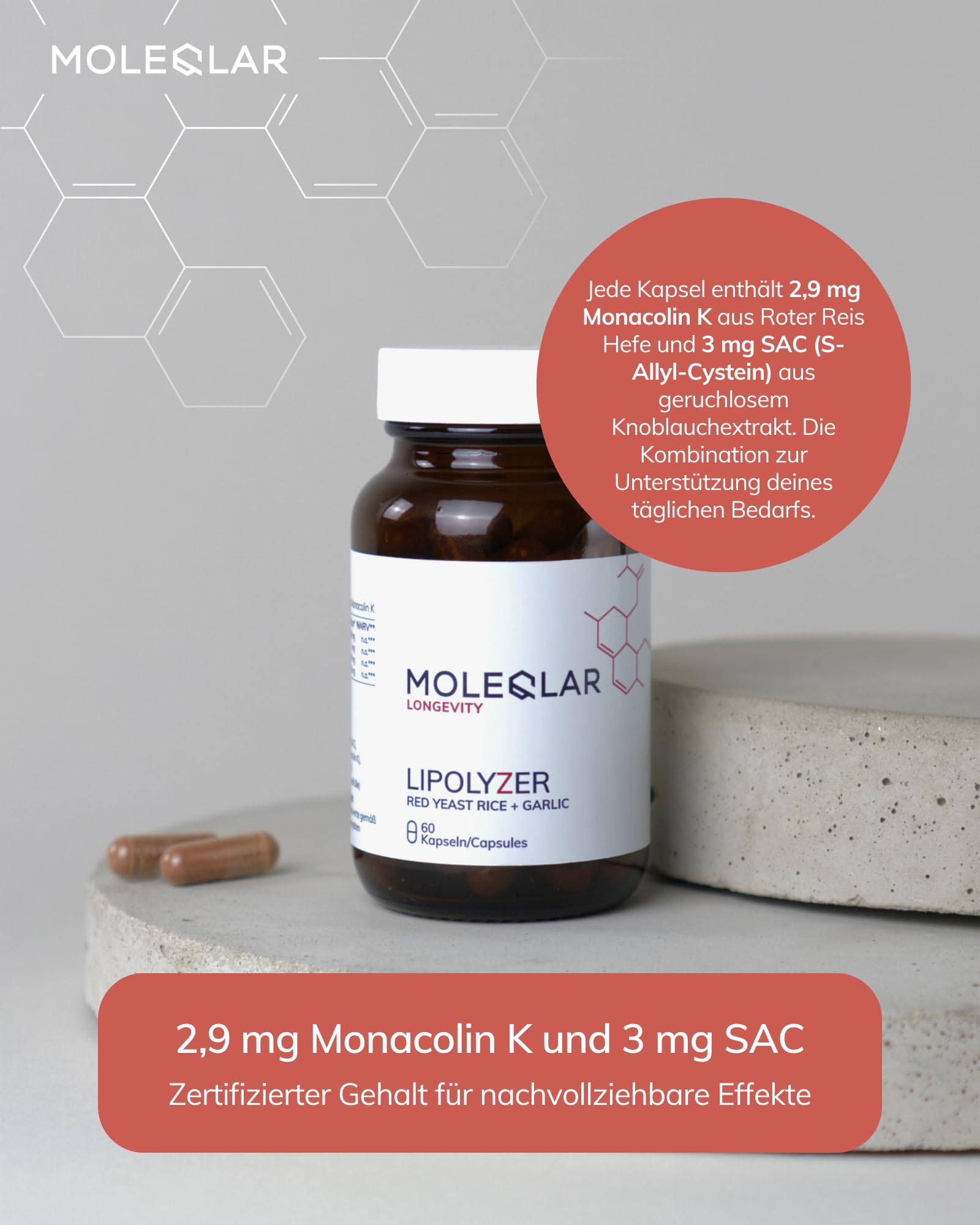 MoleQlar Roter Reis Kapseln 60 Stück - Lipolyzer Komplex mit geruchlosem Knoblauchextrakt - 2,9 mg Monacolin K und 3 mg SAC pro Kapsel - Innovative Formulierung