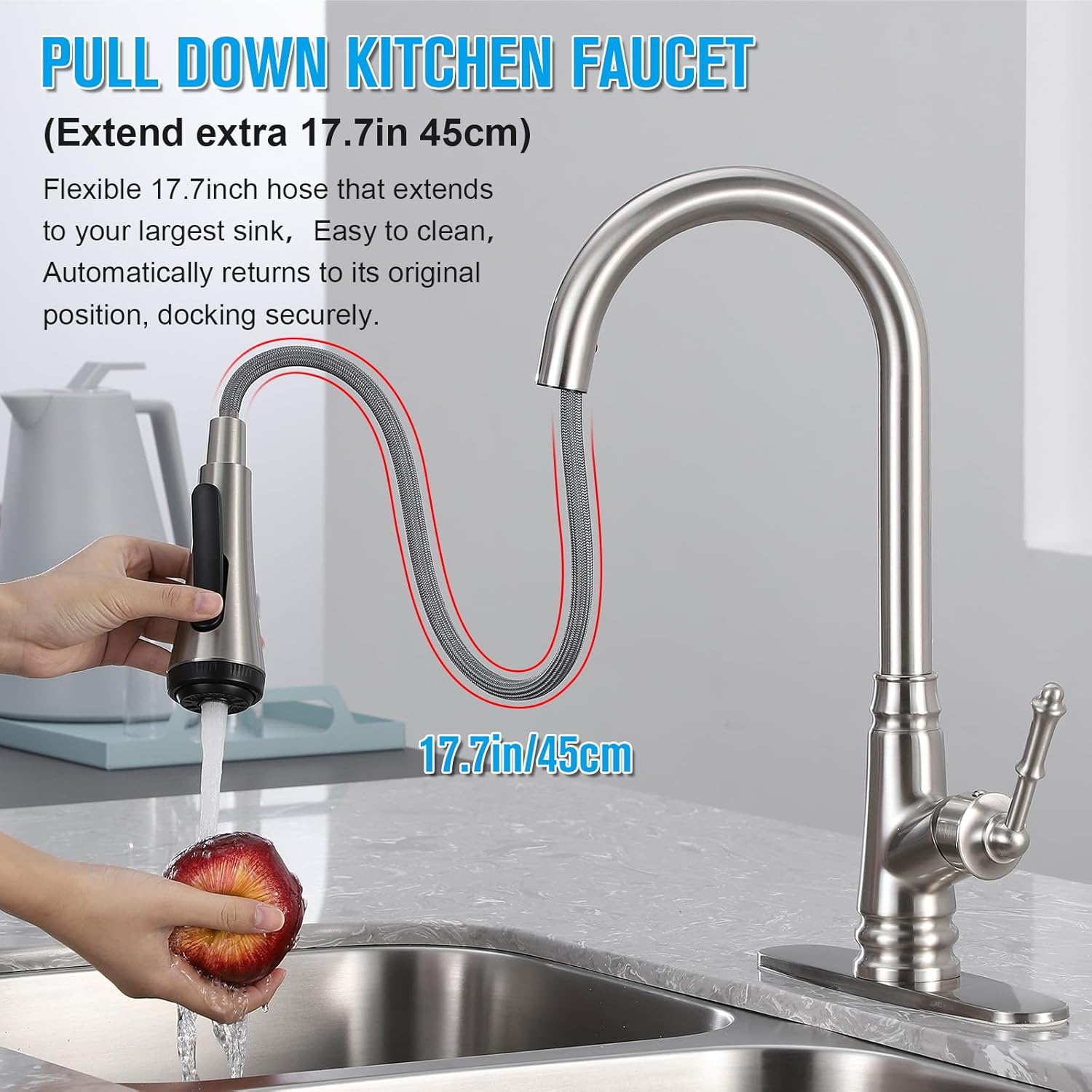 Single Handle High Arc Brushed Nickel Pull Out Kitchen Faucet, Single Level Stainless Steel Kitchen Sink Faucets with Pull Down Sprayer