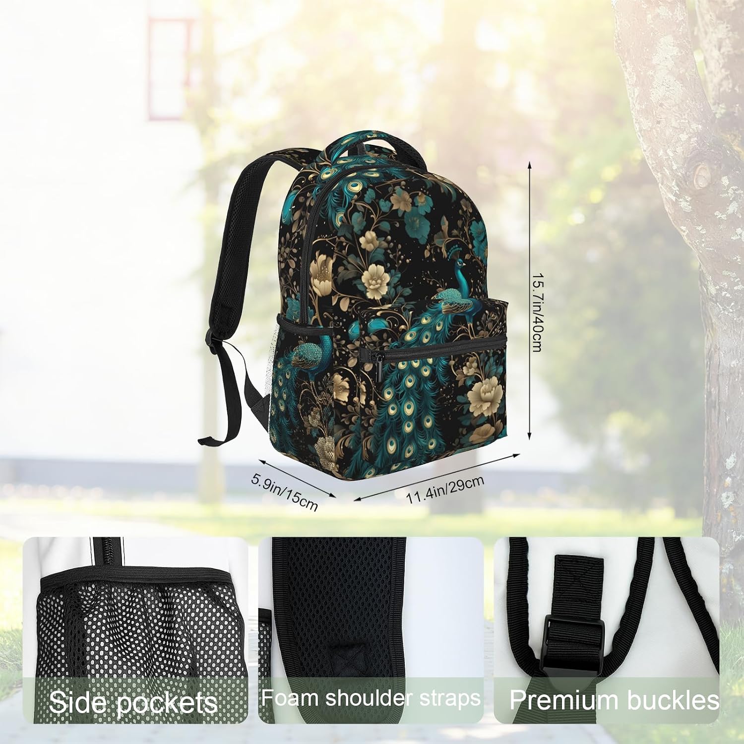Elegant Peacock Floral Backpack, Polyester Backpacks with Straps, 11.4inx5.9inx15.7in, Multi-Pocket Storage Bookbag, Ideal For School Work Travel Hiking Camping, Girls Women Gifts