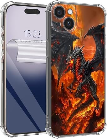 for iPhone 15 Case with HD Clear Soft TPU Protector Film,Corner Air Cushion Shockproof Slim Protective Cover,Flame Black Dragon
