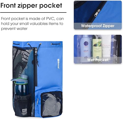 Vista 101 de WANDF Mochila de malla con cordón y bolsillo húmedo para natación, gimnasio y equipo de entrenamiento Negro