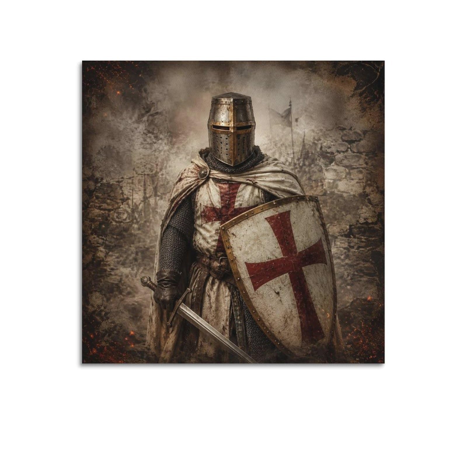 XKUGA Templar Knight Vintage Red Cross Poster Shield Haze Armor Modern Decorative Canvas Prints - Ideal Wall Art for Family, Man Cave, Game Room, Boys & Girls Bedroom 20x20inch(50x50cm)
