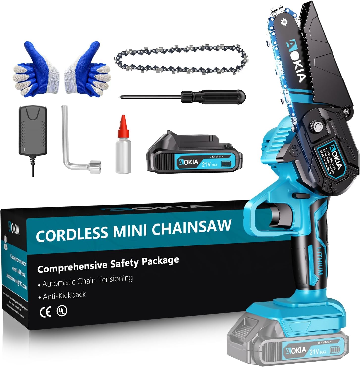 Mini Chainsaw, 20V Cordless 4 Inch Electric Handheld Chainsaw with 1.5AH Batteries, Lightweight Battery Powered Saw for Tree Trimming, Fruit Tree Pruning, Yard Work, Gifts for Men Women, Blue