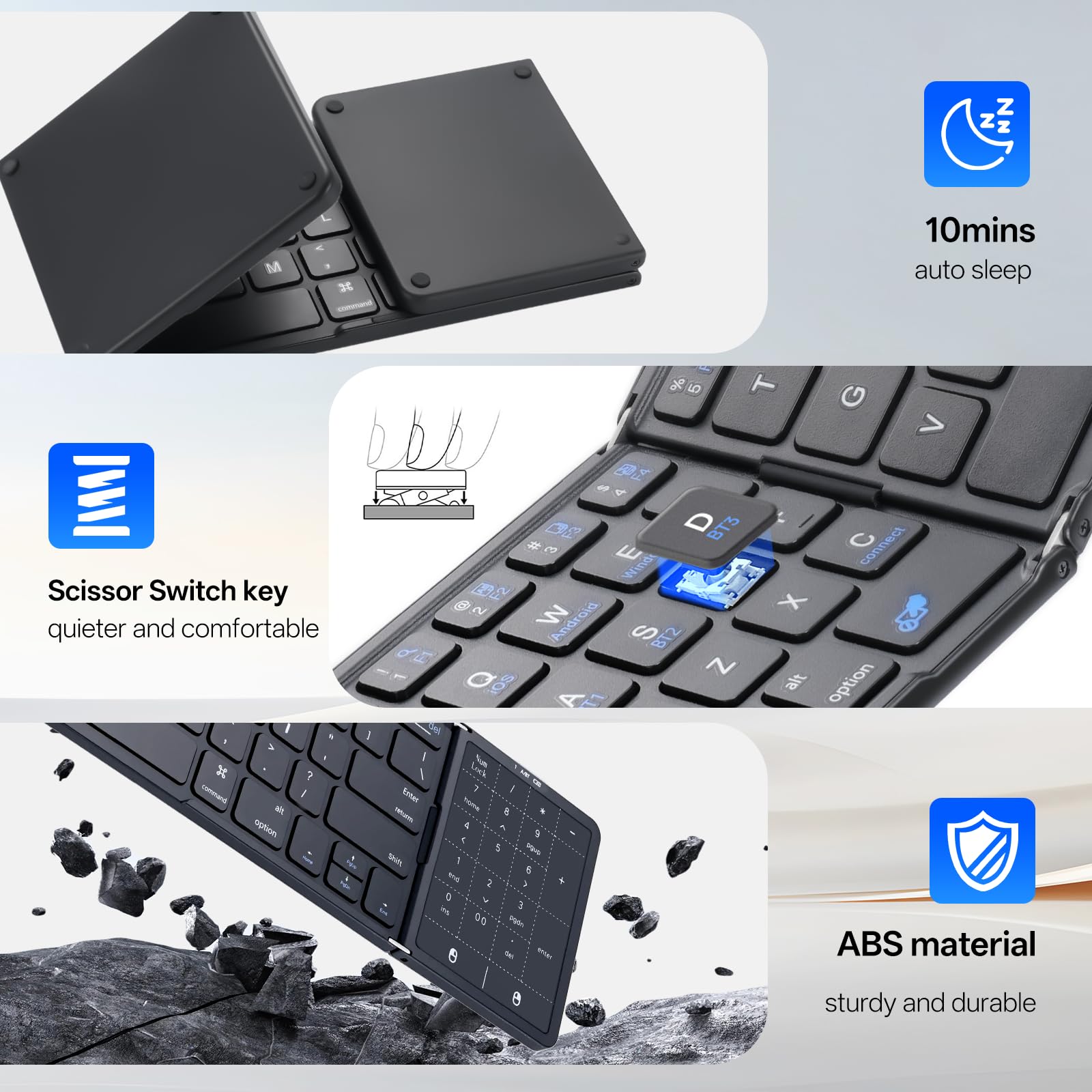 Tastiera Pieghevole con touchpad, Mini Tastiera Wireless Bluetooth Silenziosa con tastierino numerico, Tastiera Portatile Ricaricabile per Android, Windows e iOS telefoni, QWERTY