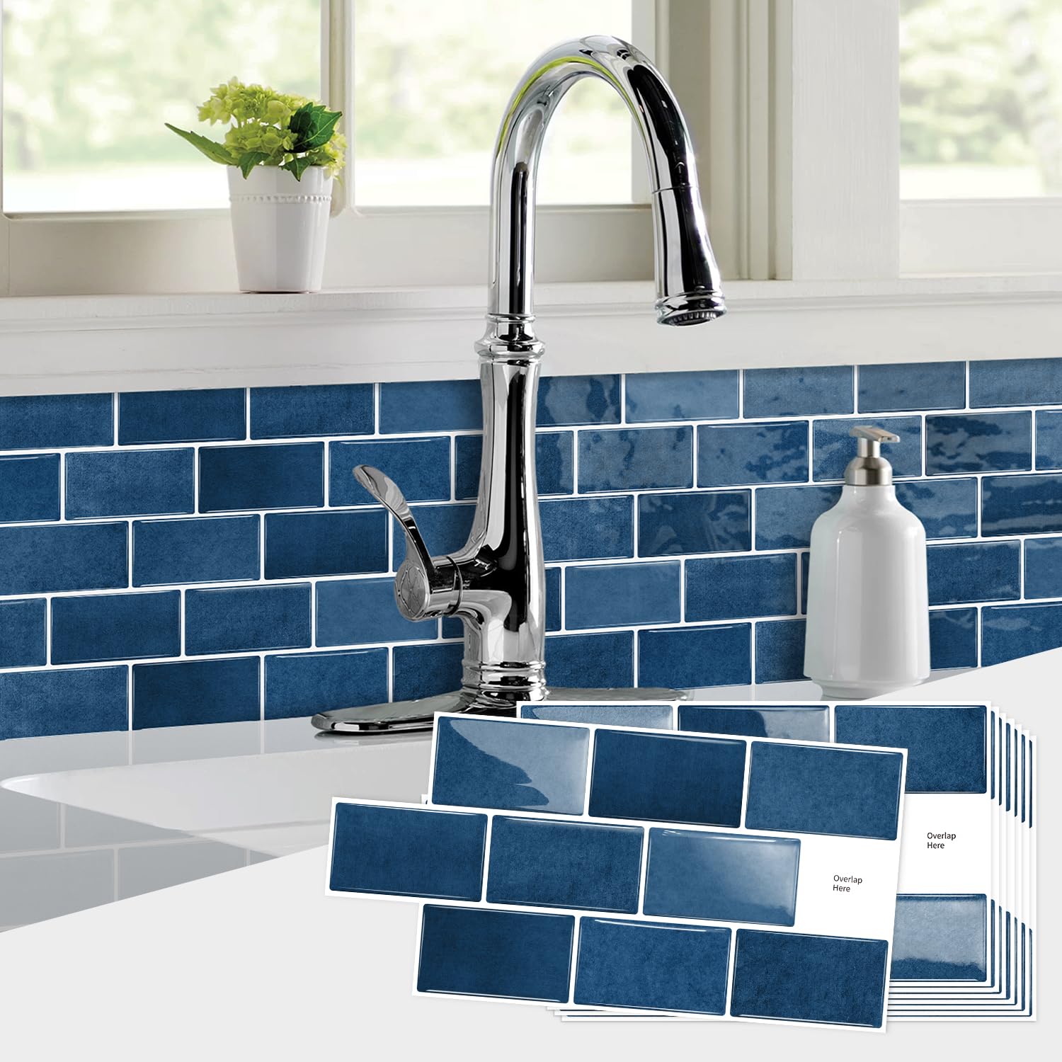 Alwayspon 15x30cmx10Pcs Self Adhesive Wall Tile Sticker Transfers, Peel and Stick Adhesive Waterproof Splashback Stick on Tile Decals for Kitchen Bathroom Wall, Deep Blue