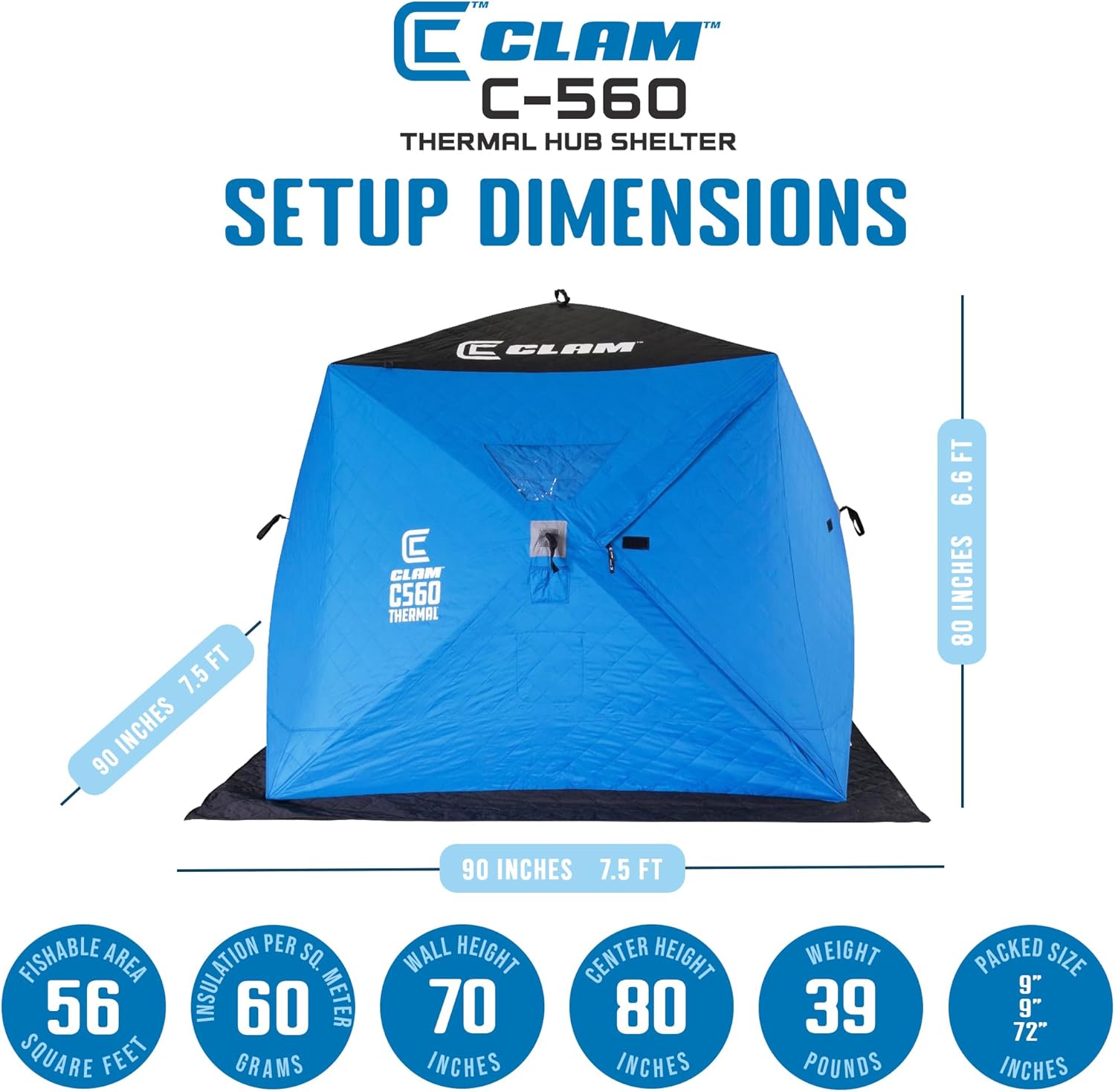 CLAM Pop-Up Ice Fishing Hub Shelter – 4-Sided Portable Tent with Anchors, Snow Skirt & Bag – 6x6 ft, 2–3 Angler - Uninsulated
