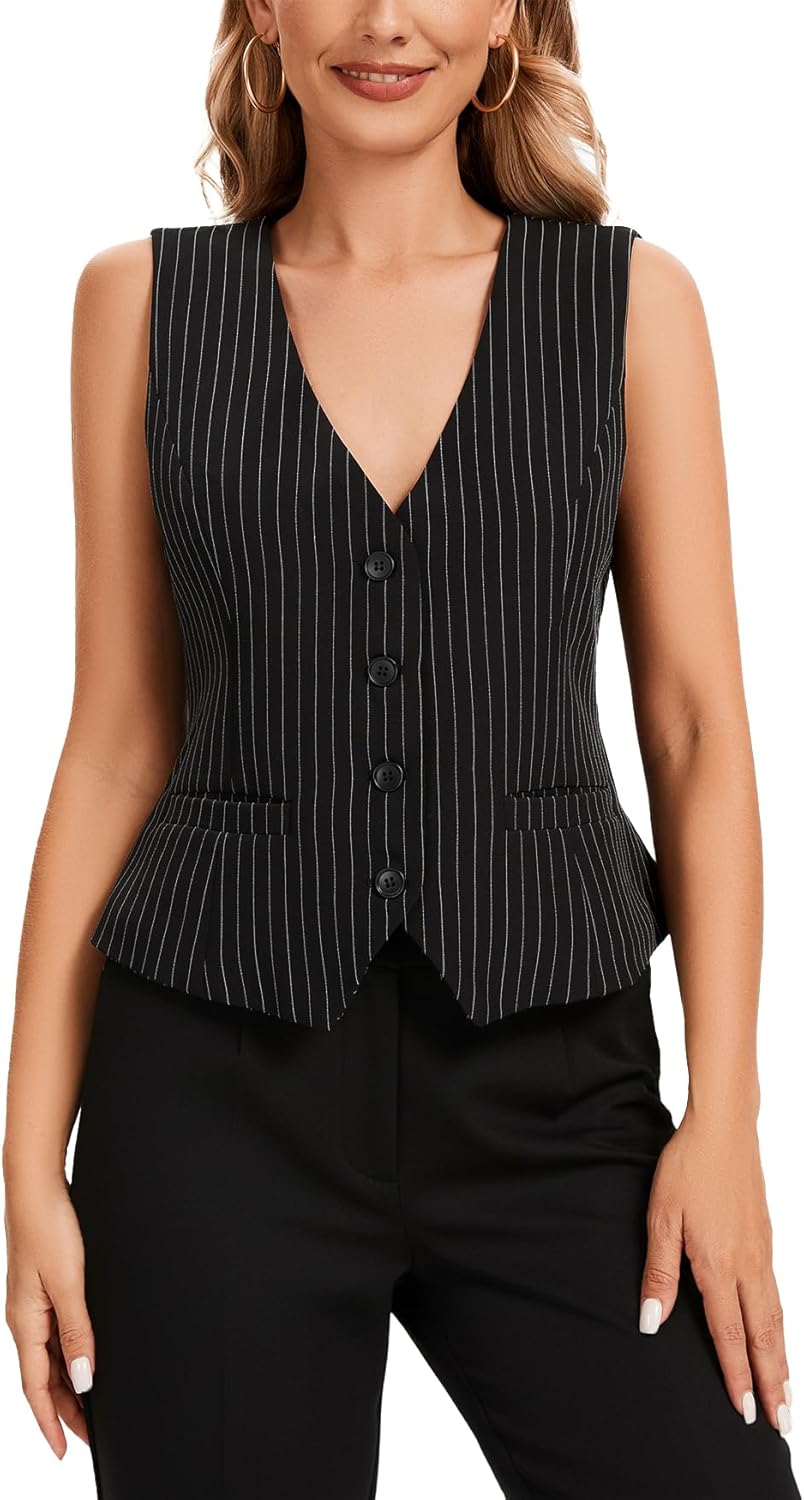 Women's Striped Suit Vest Top V Neck Sleeveless Button Down Business Formal Waistcoat Crop Tank Tops