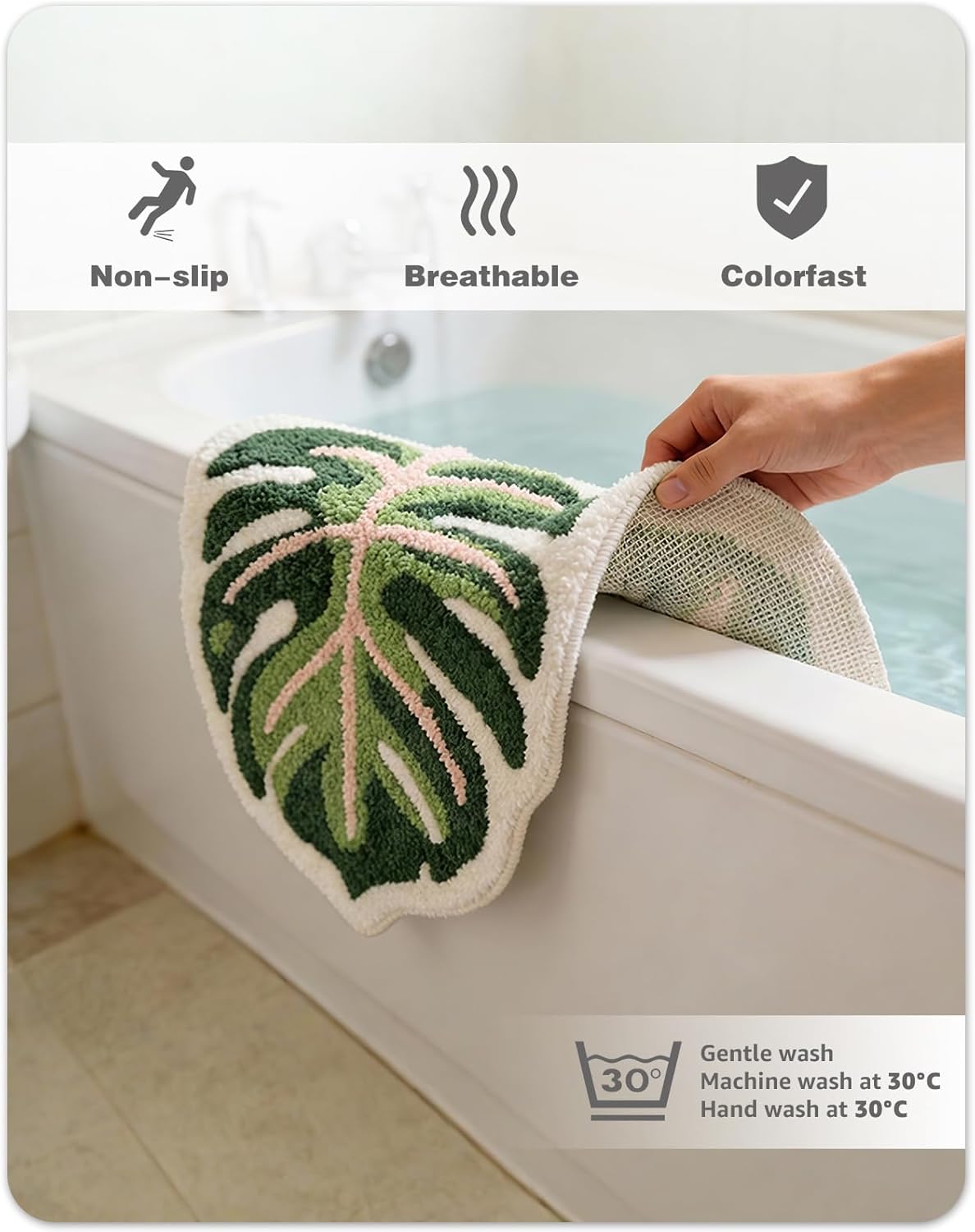 Sisher Cute Monstera Bath Mat,Green Leaf Bath Mat,Non Slip,Soft,Absorbent,Machine Washable for Bathroom Bathtub Rugs,Toilet,Kids Room,Bedroom,Monstera Leaf Rug(21"X26")
