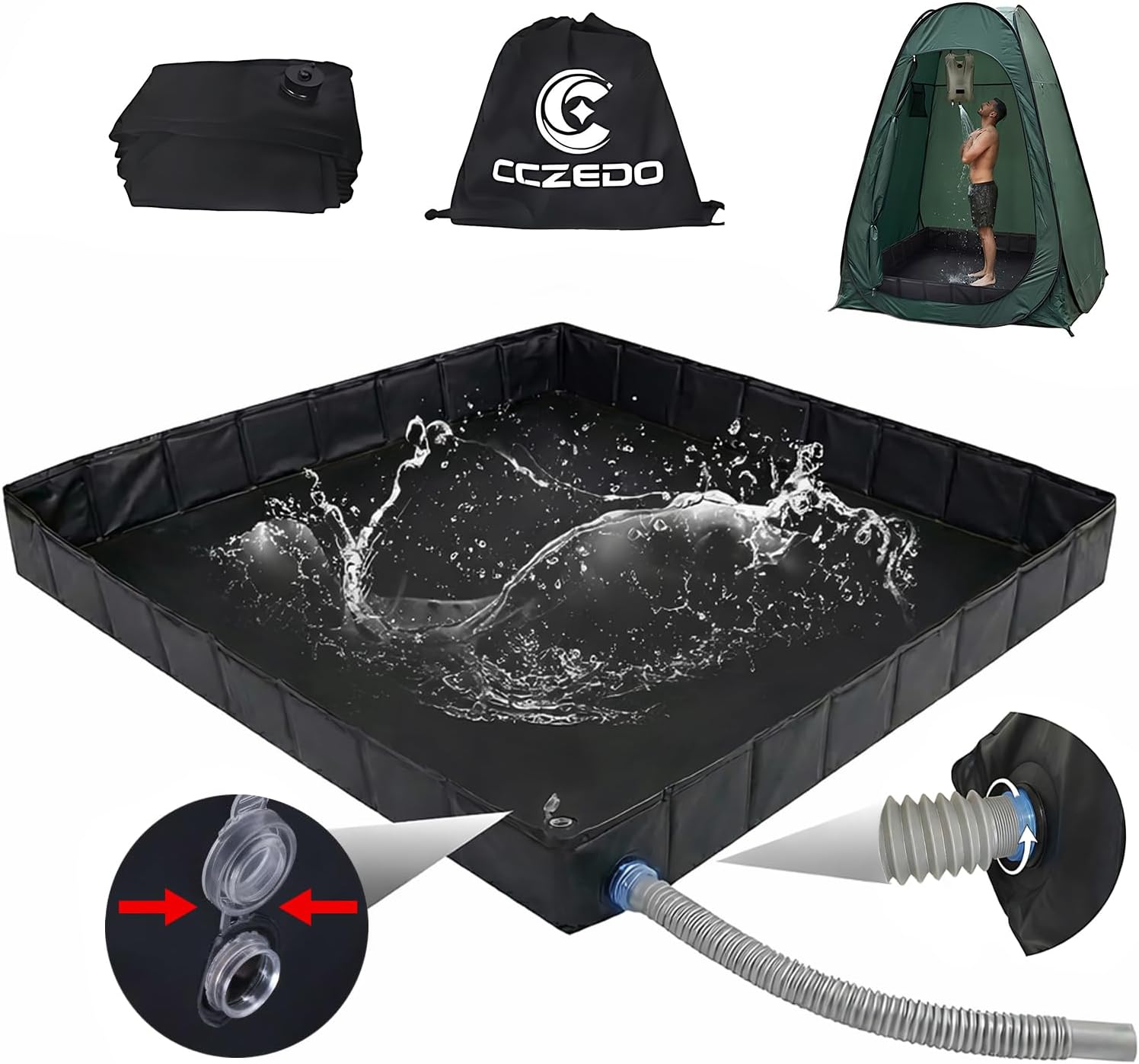 Upgraded Portable Shower Pan 41" x 41" x 5", Foldable Camping Shower Base with Waterproof Storage Bag, Dual Drain Holes, for RV Camping Outdoor Indoor & Portable Showers