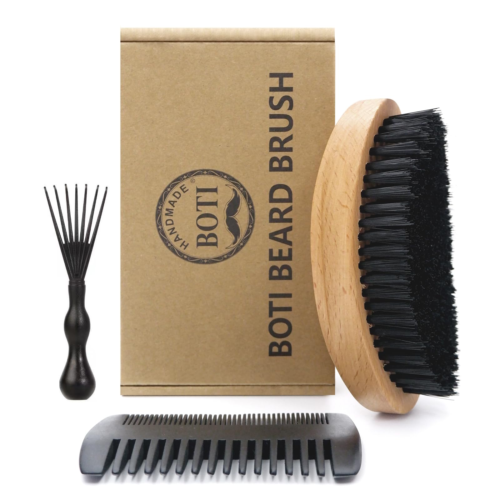 Boti Wooden Handle Beard Brush Beard Facial Pocket Brush Comb for Men Long Beard Grooming and Beard Mustache Brush