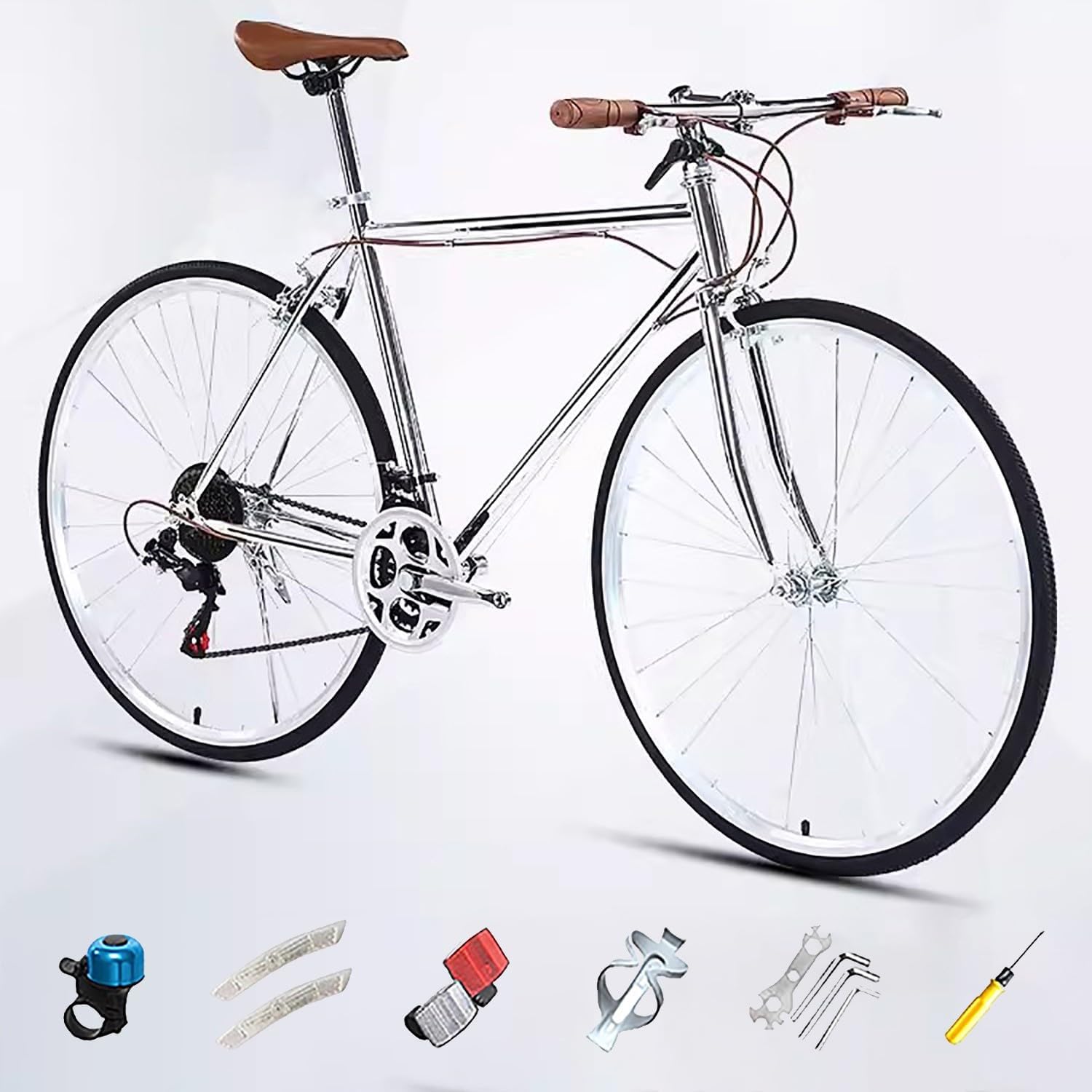 700C Racing Bike for Men Women, High Carbon Steel Frame, Single Speed Bike, Height Adjustable, Lightweight Road Bike, Adult Commuter Bicycle with V-Brake