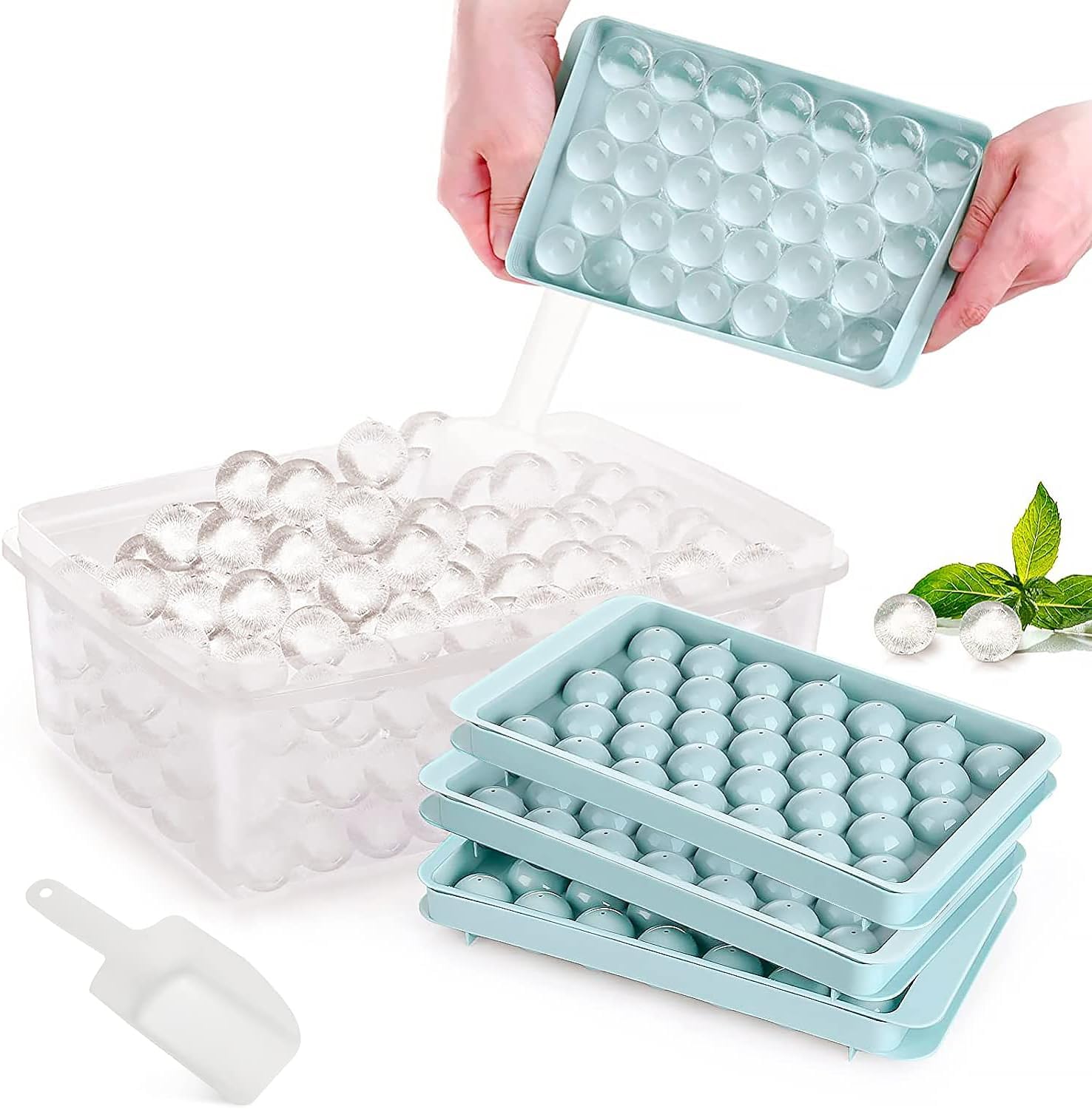 HomeCloud Round Ice Cube Trays (33x3=99Cubes) - Perfect for Chilled Drinks | Complete Set with 3 Packs of Pink Trays, Ice Bin with Lid and Scoop - BPA Free, Easy Release & Stackable (Blue)